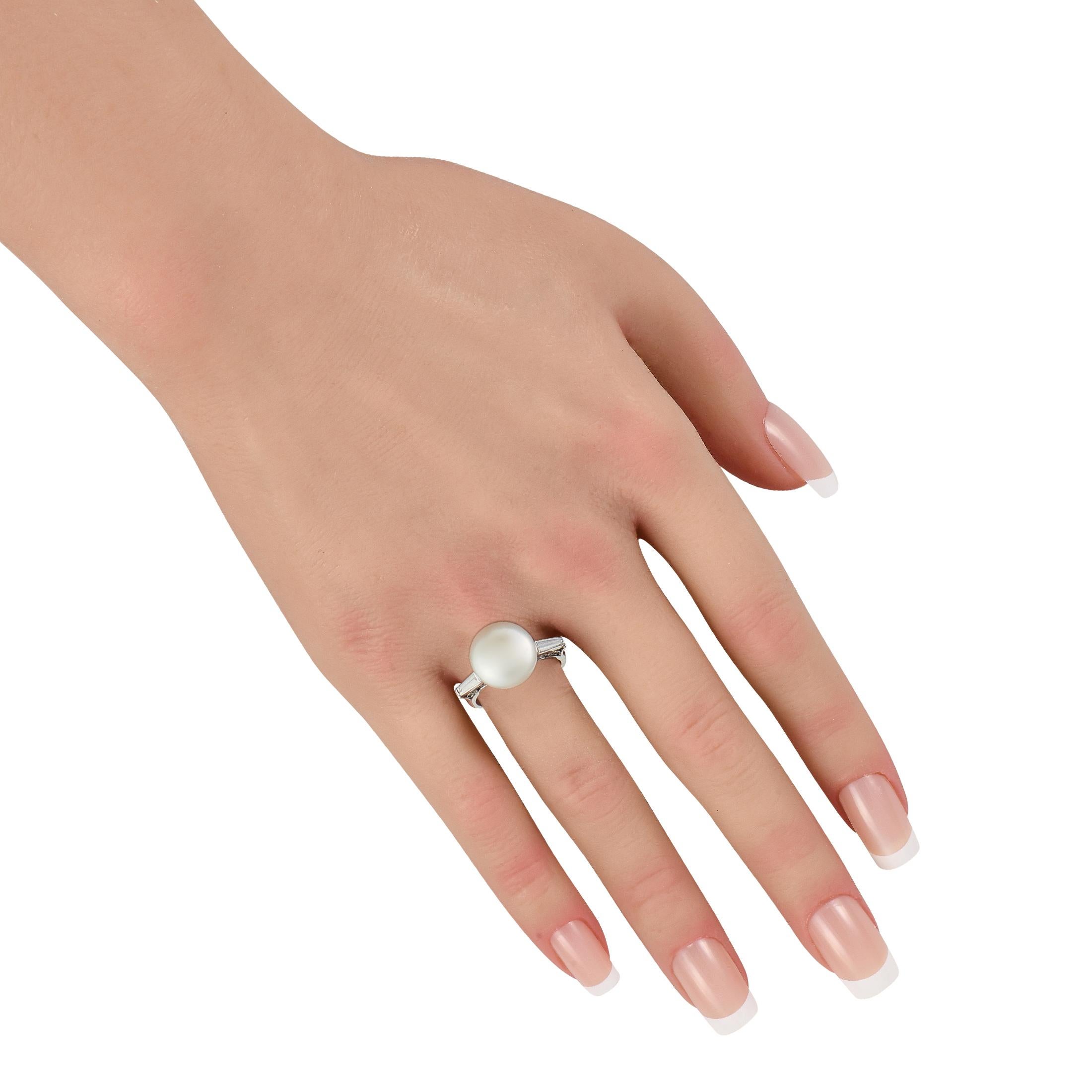 Baguette Cut Platinum 0.41ct Diamond and Pearl Ring #5210 For Sale