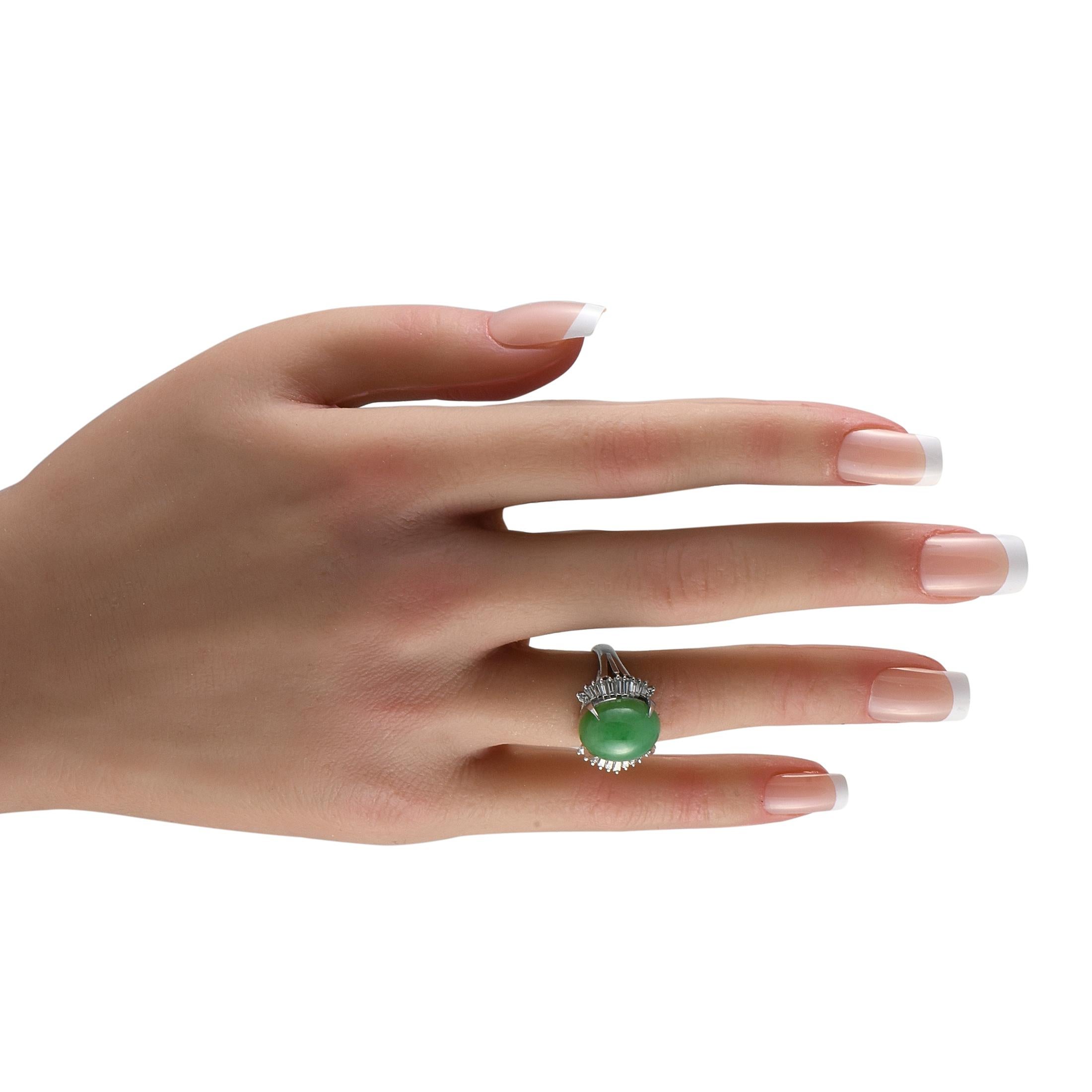 Baguette Cut Platinum 0.45ct Diamond and Jade Ring For Sale