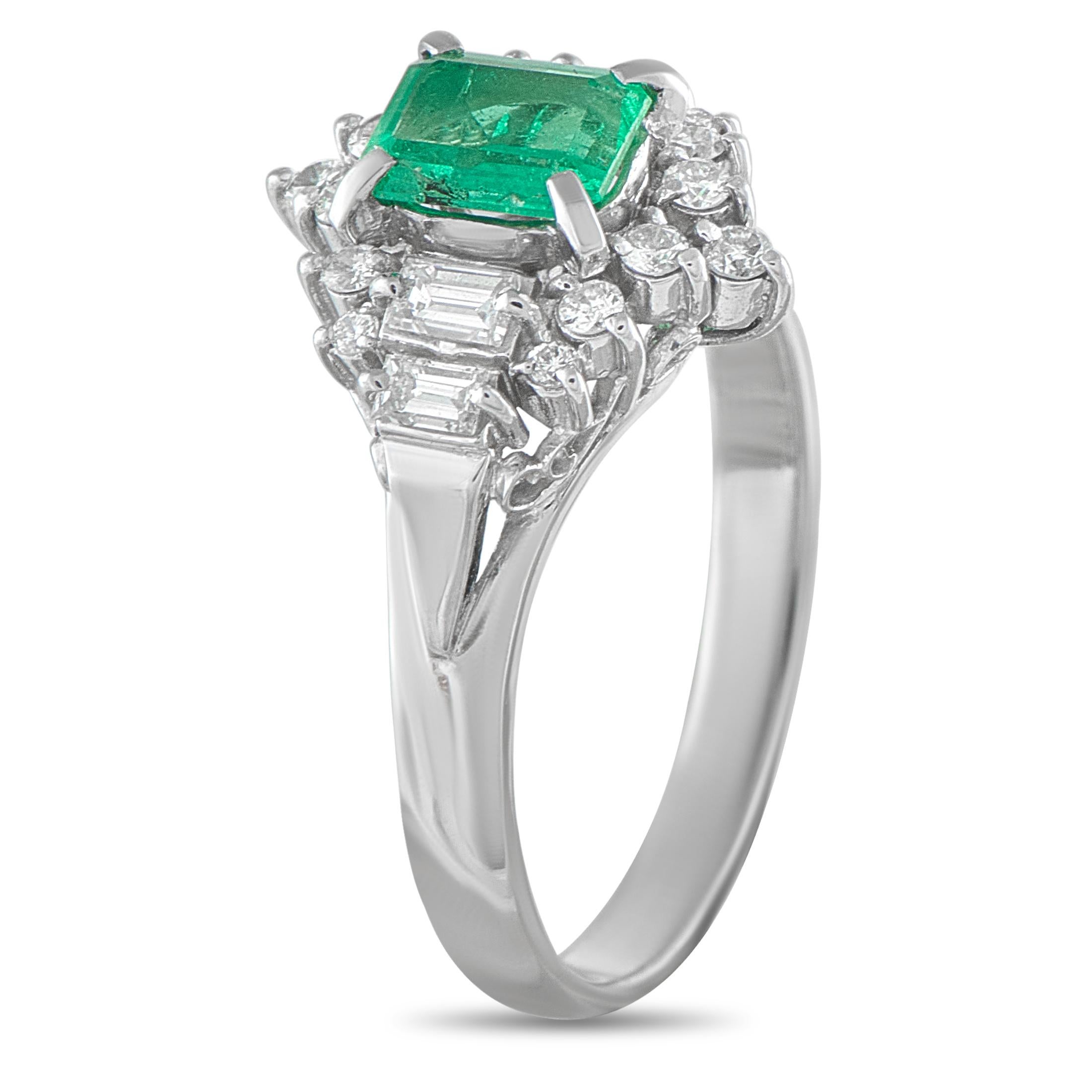 This opulent ring will continually capture your imagination. A radiant 0.46 carat Emerald center stone adds a luxurious pop of color to the exquisite Platinum setting. Diamonds totaling 0.46 carats enhance the elegance and shine brightly every time