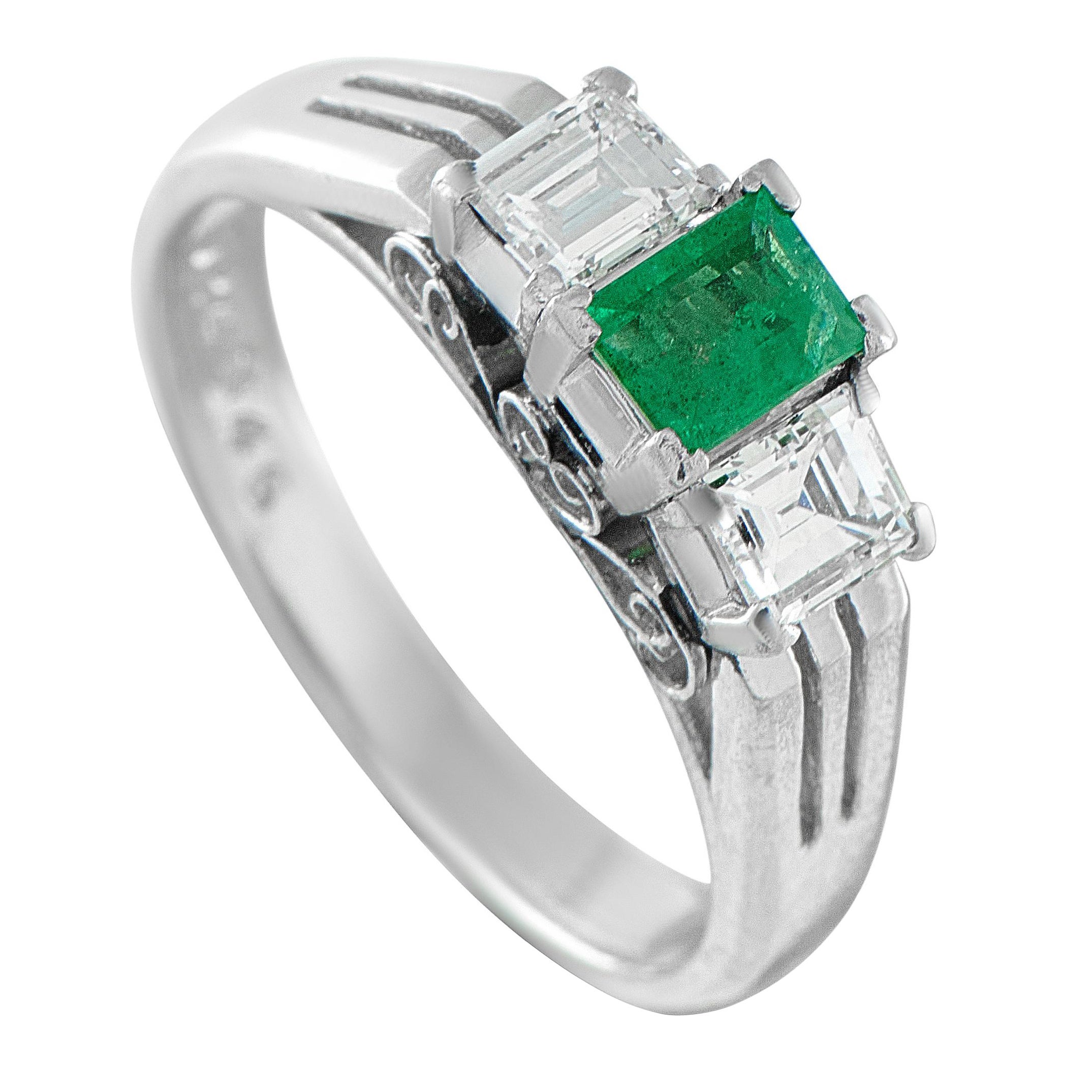 Platinum 0.46ct Diamond and Emerald Three-Stone Ring MF06-110525