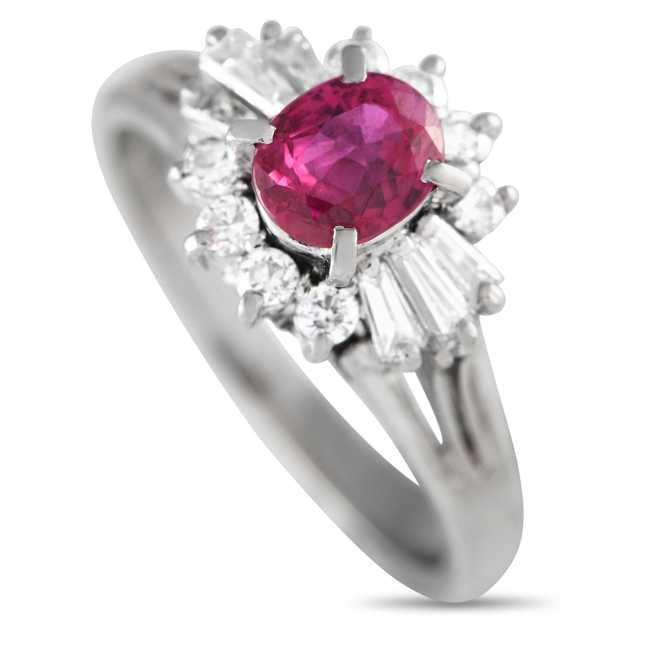 Platinum 0.48ct Diamond and Ruby Ring In Excellent Condition For Sale In Southampton, PA