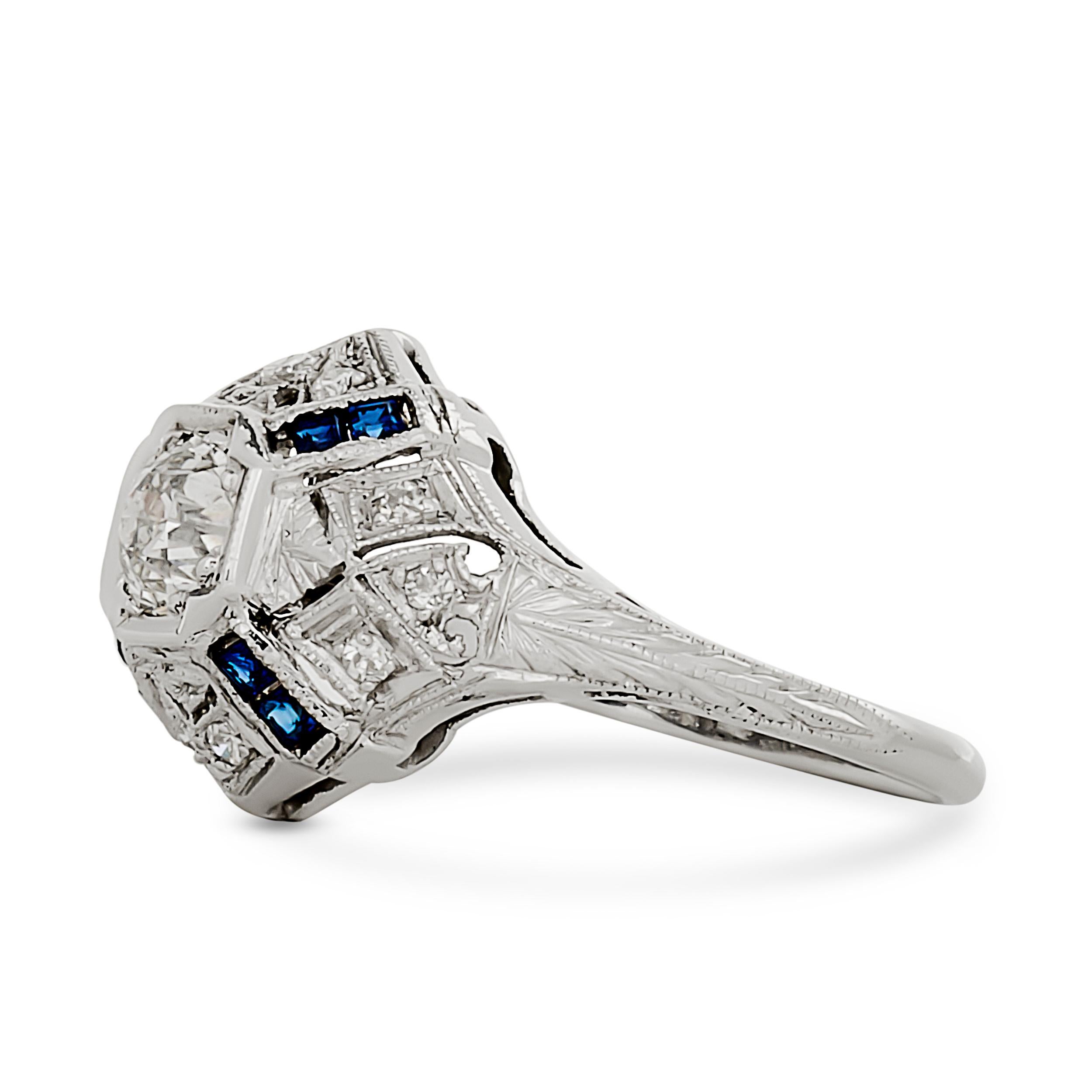 Platinum 0.50 carat Diamond and Synthetic Sapphire Estate Engagement Ring In Good Condition For Sale In Philadelphia, PA