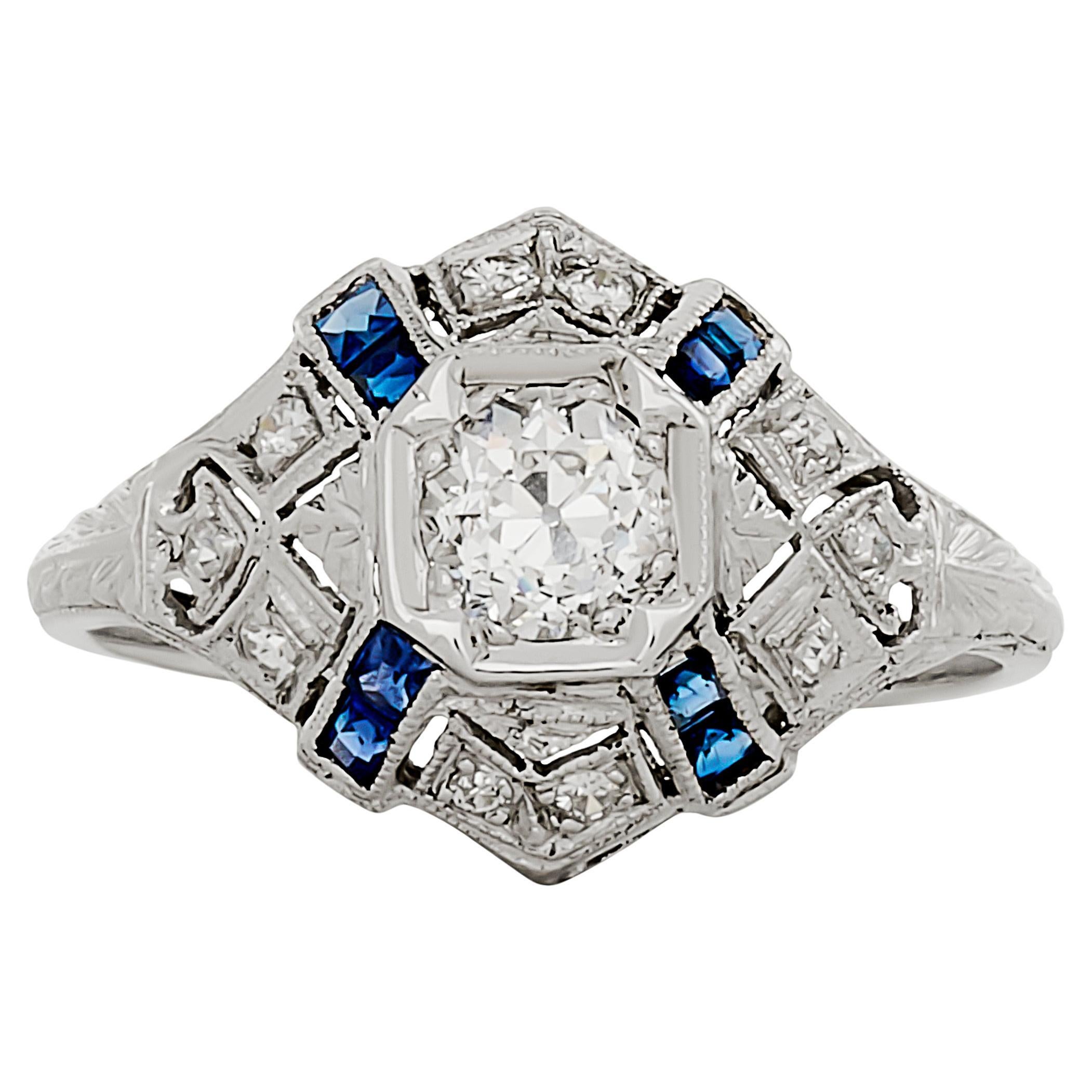 Platinum 0.50 carat Diamond and Synthetic Sapphire Estate Engagement Ring