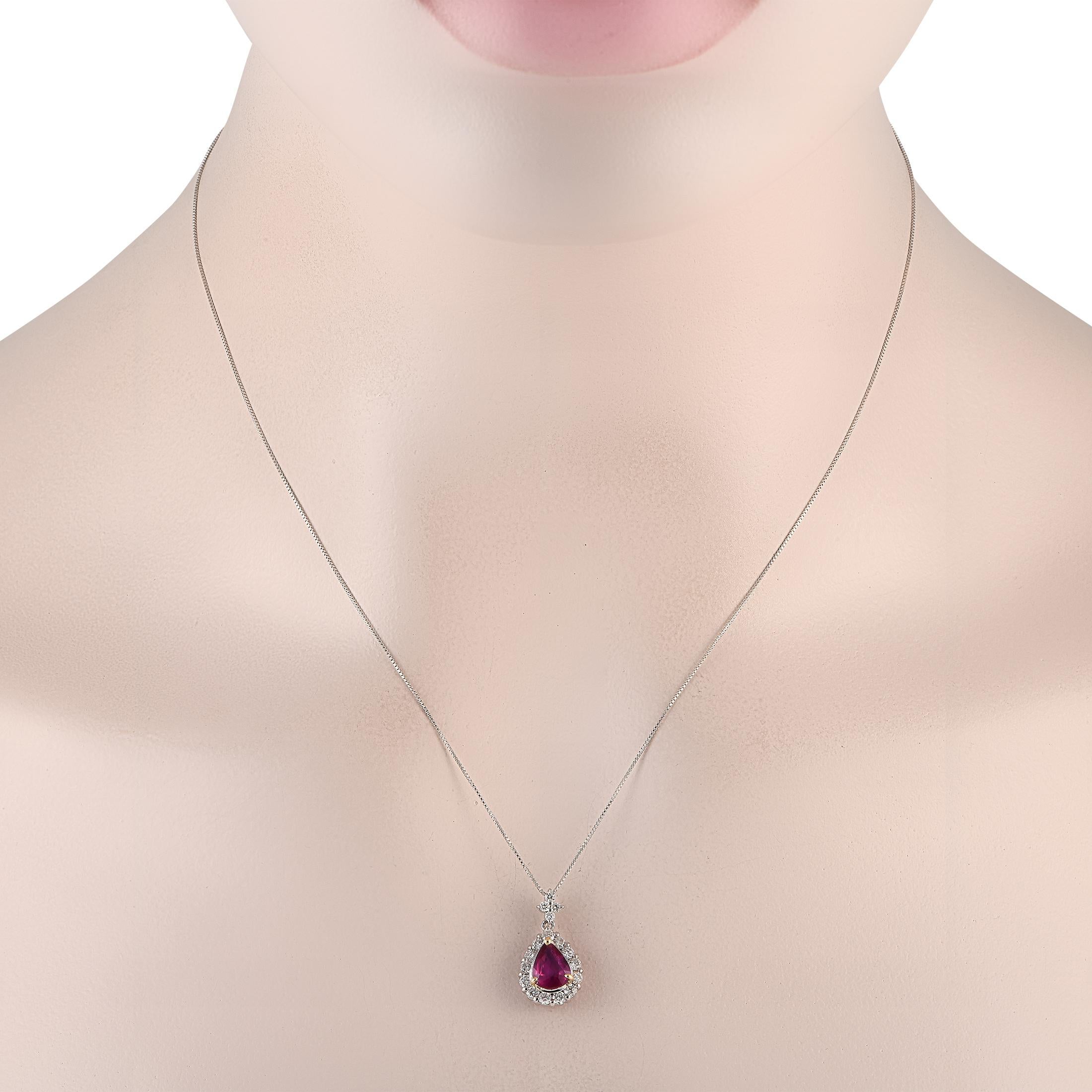 Add a touch of luxury to any occasion with this stylish necklace. Suspended from an 18 chain, a stunning pendant comes to life thanks to a 1.08 carat GRL Certified No Heat Ruby gemstone and Diamond accents totaling 0.50 carats. The Platinum pendant