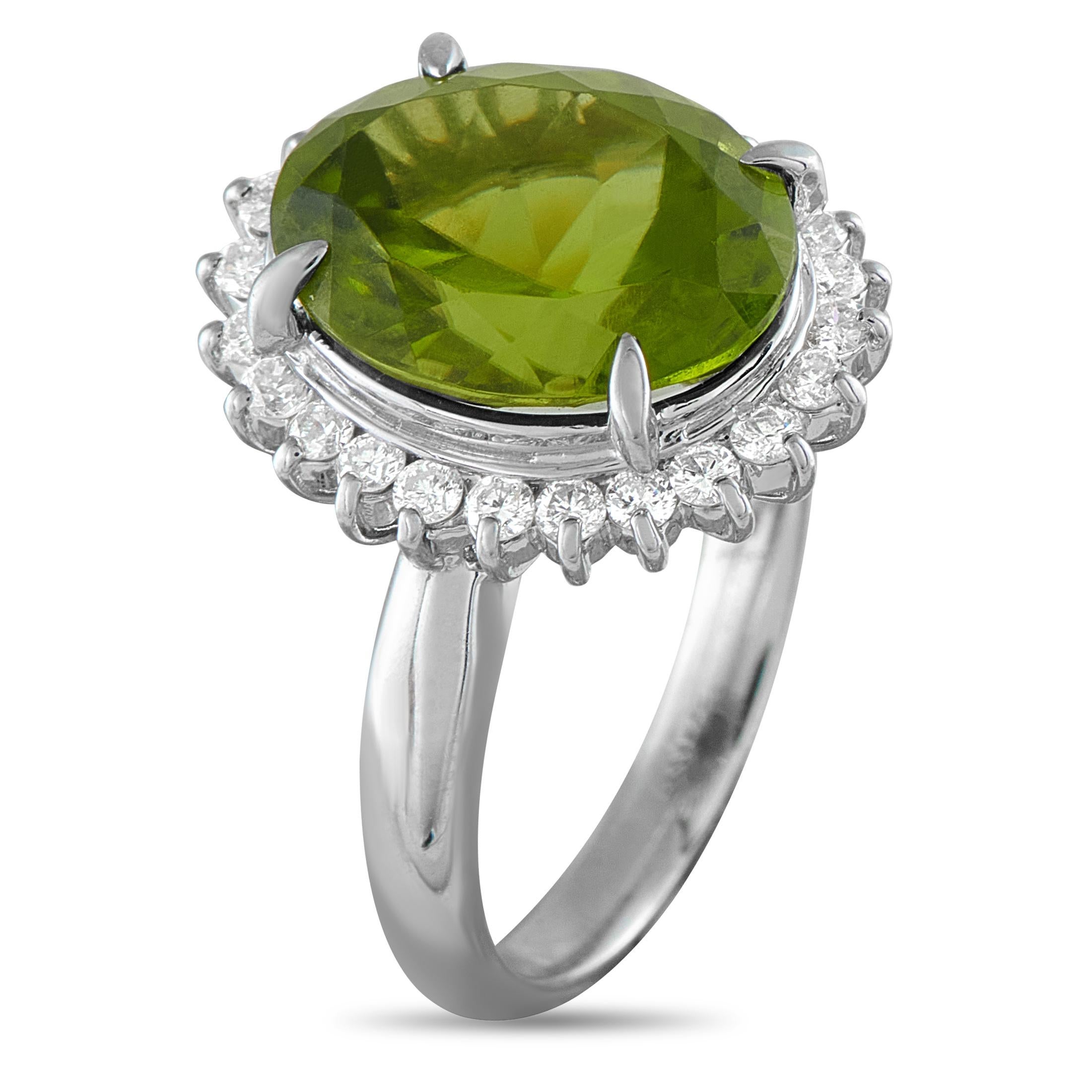 Add a stylish pop of color to any ensemble with this timeless luxury ring. A 6.57 carat green Peridot center stone makes it instantly eye-catching, while Diamonds totaling 0.50 carats offer plenty of extra sparkle. This pieces Platinum setting