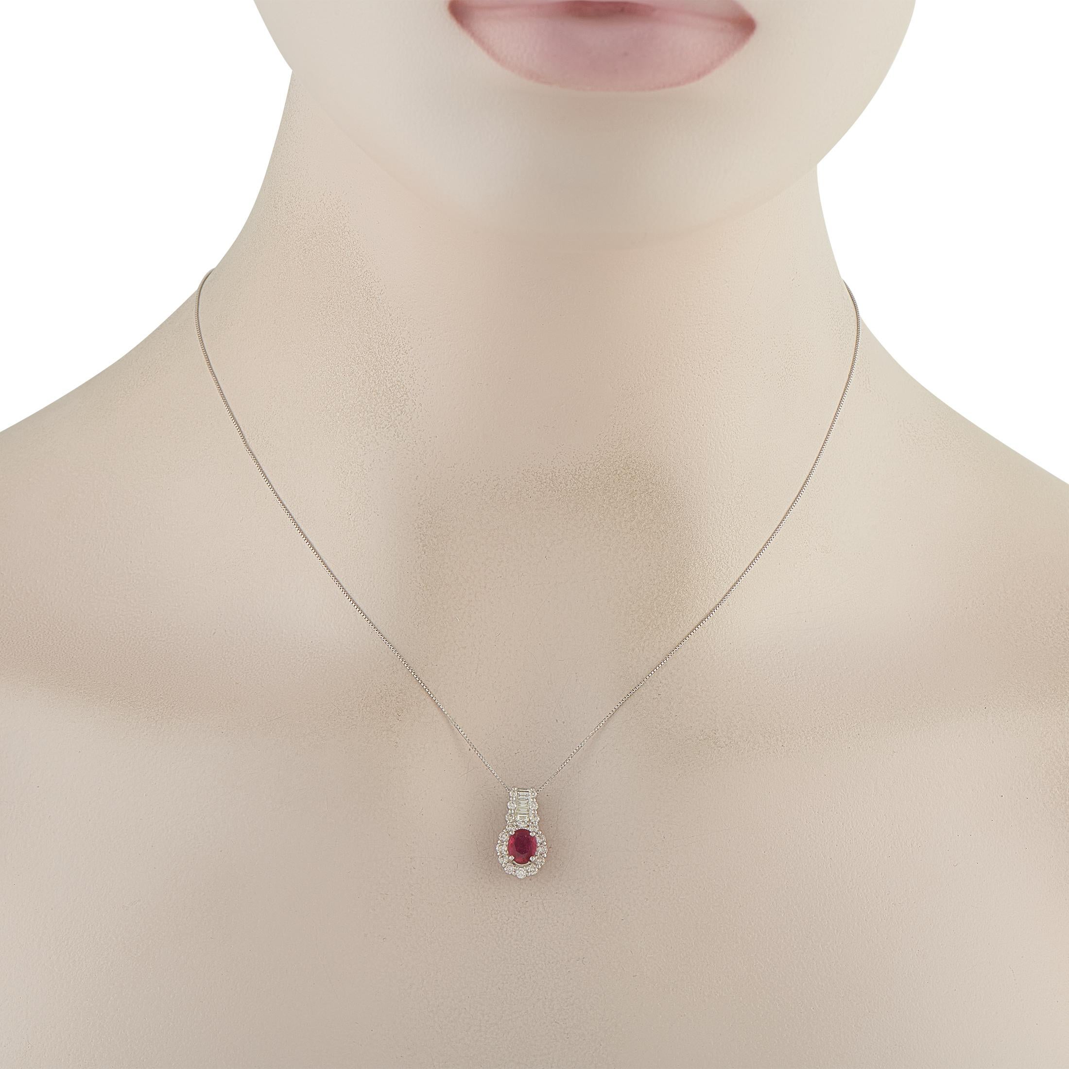 Add a touch of sparkle to any ensemble by adding this exquisite necklace. A 0.70 carat Ruby gemstone adds a stylish pop of color, while Diamond accents totaling 0.50 carats elevate the understated design. Set in Platinum, the pendant measures 0.75