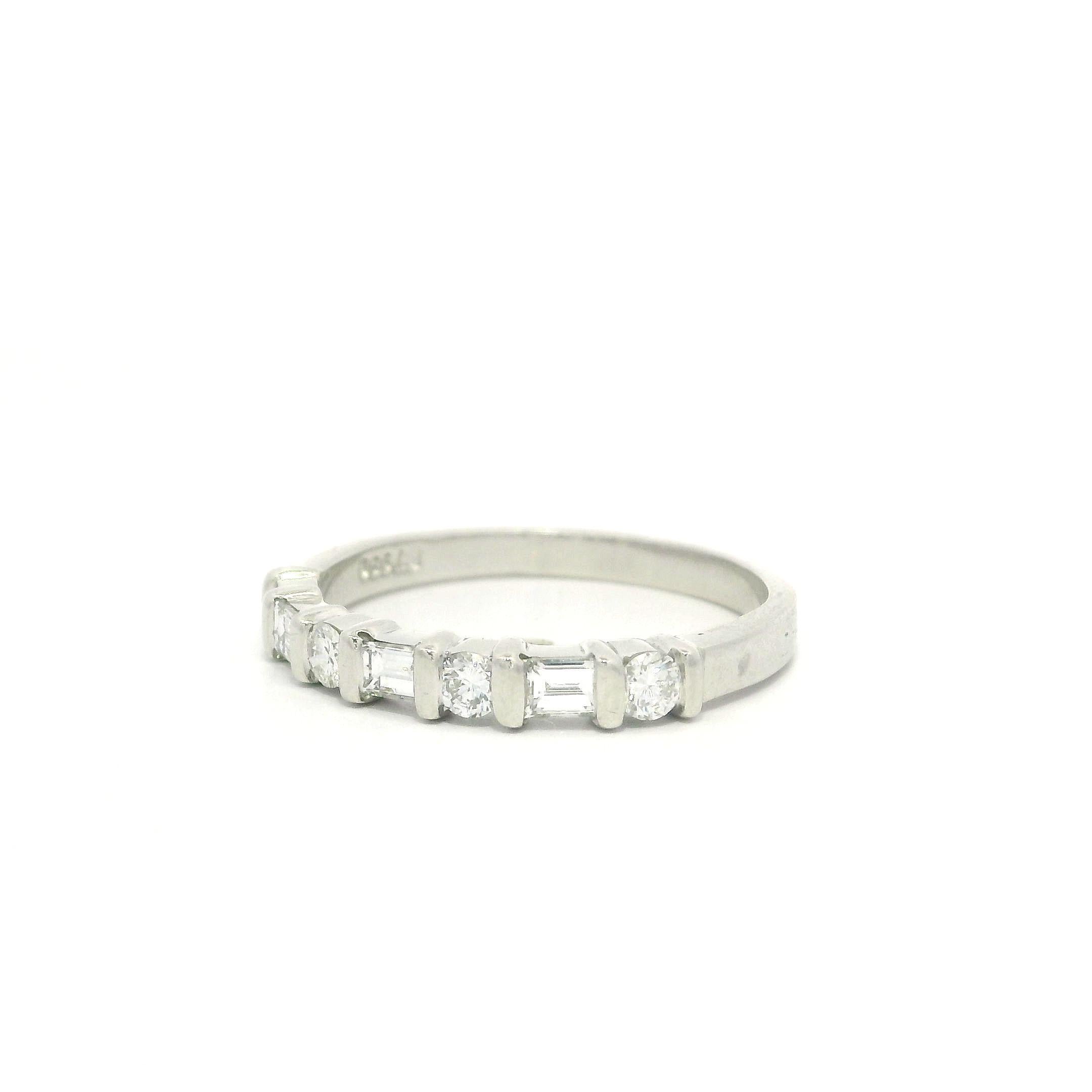 Platinum 0.50ctw Bar Set Alternating Round & Baguette Diamond Band Ring For Sale 5