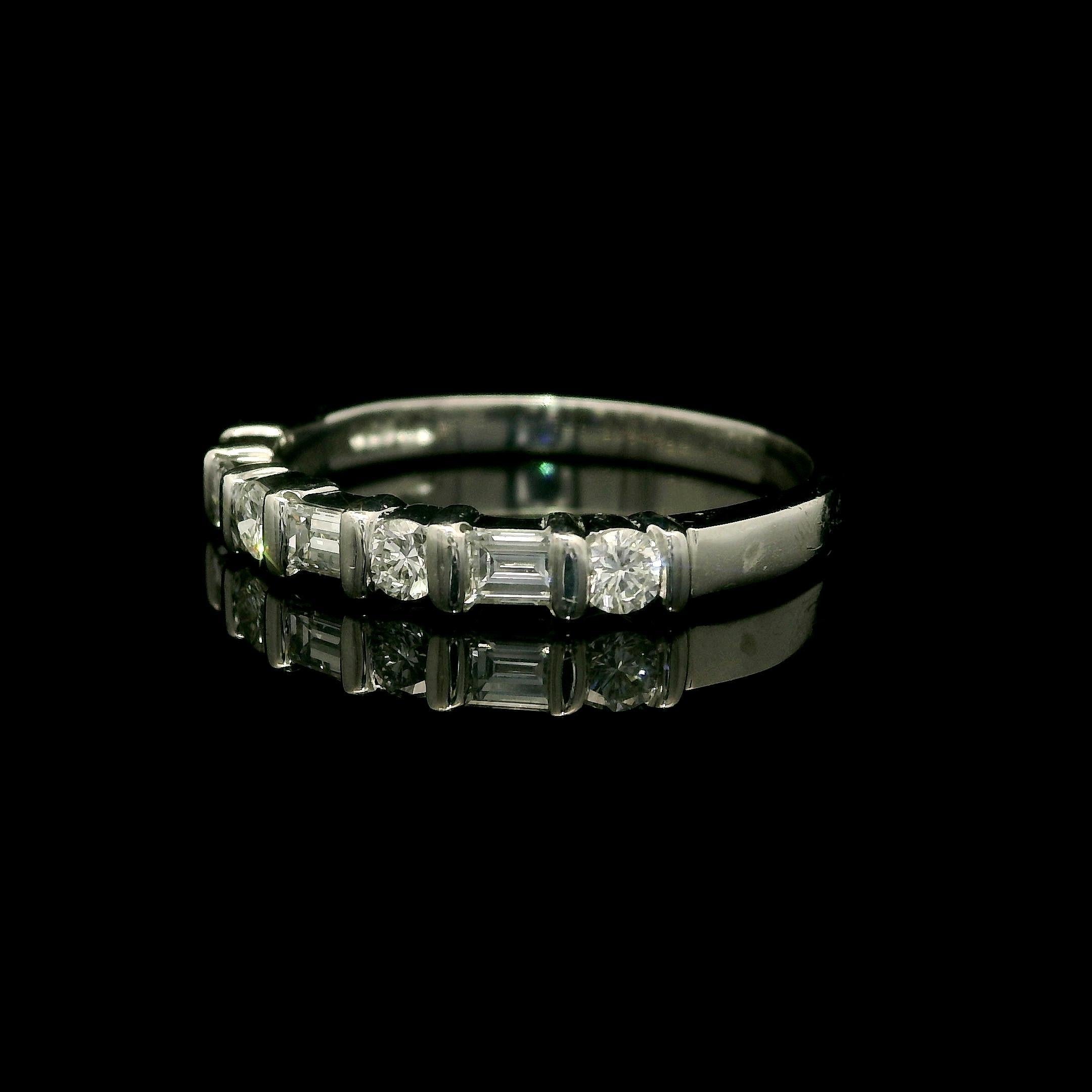 Baguette Cut Platinum 0.50ctw Bar Set Alternating Round & Baguette Diamond Band Ring For Sale