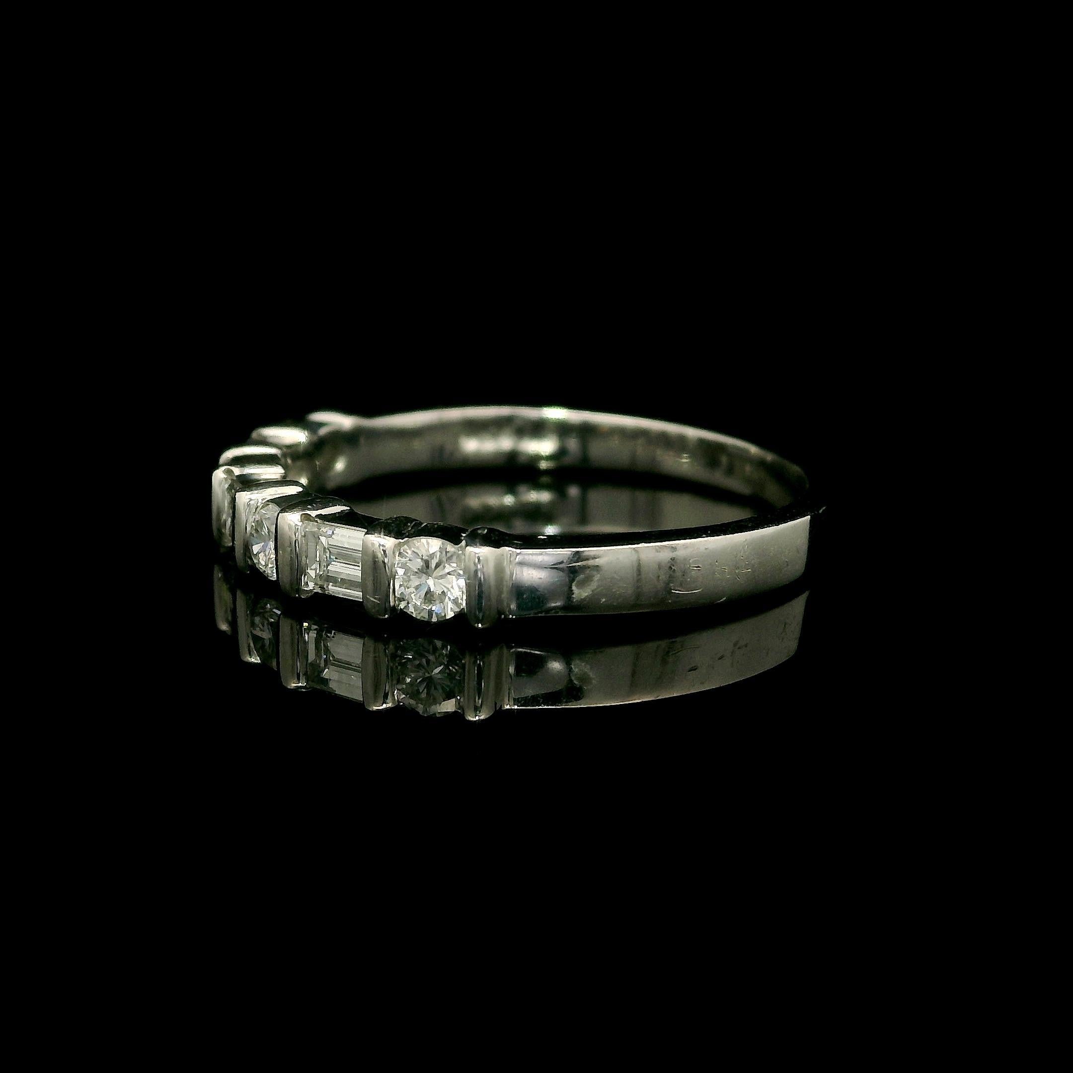 Platinum 0.50ctw Bar Set Alternating Round & Baguette Diamond Band Ring In Excellent Condition For Sale In Montclair, NJ