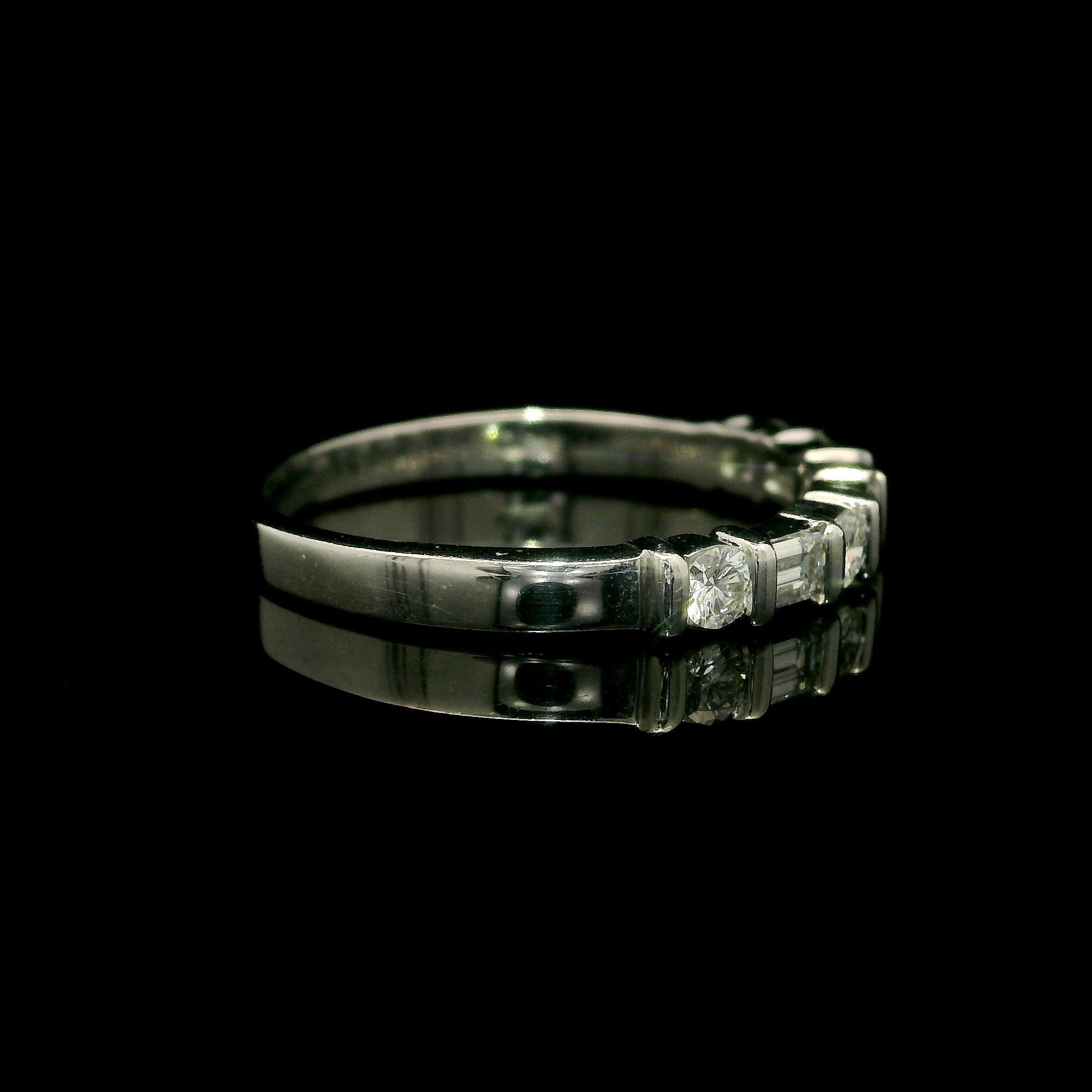 Platinum 0.50ctw Bar Set Alternating Round & Baguette Diamond Band Ring For Sale 1