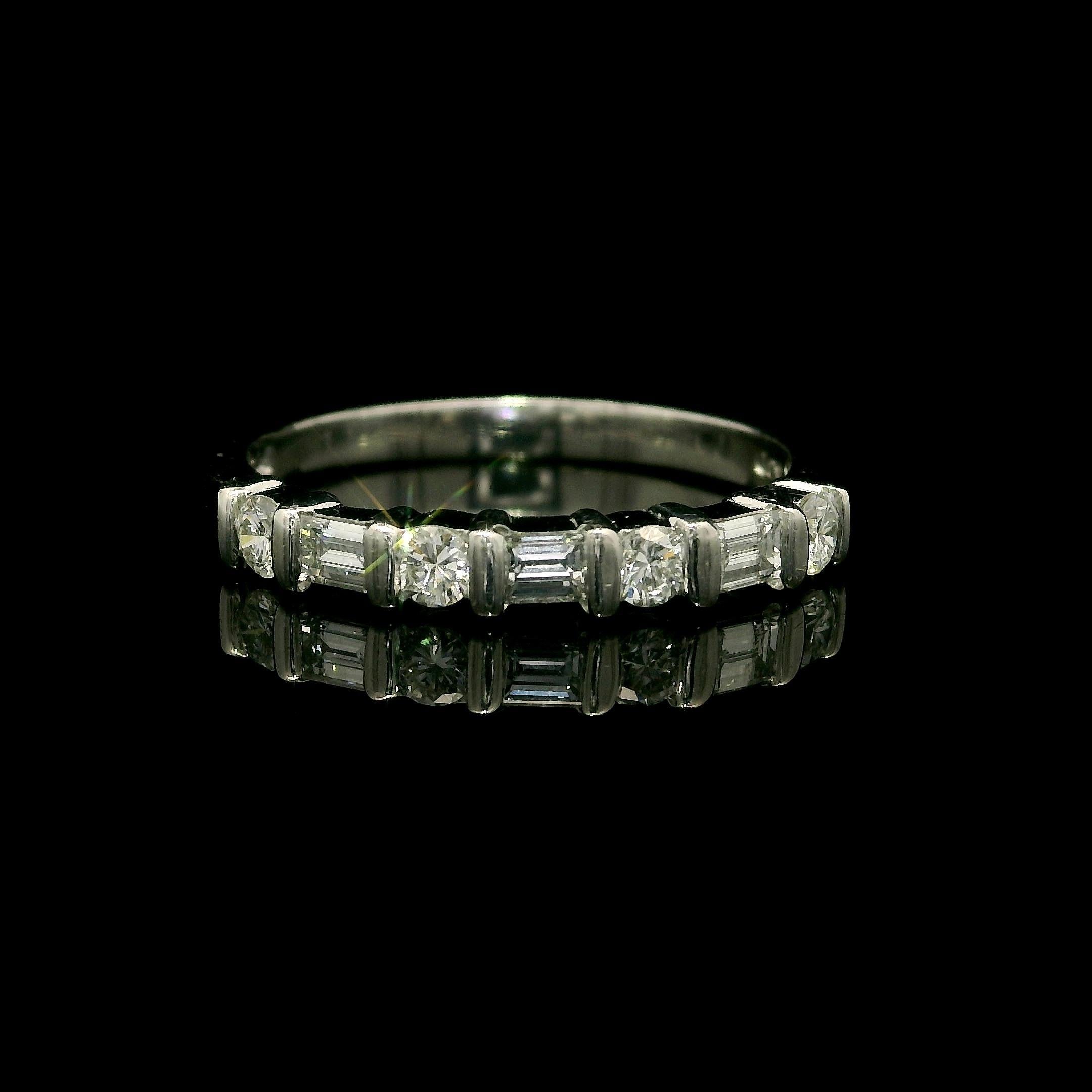 Platinum 0.50ctw Bar Set Alternating Round & Baguette Diamond Band Ring For Sale 2