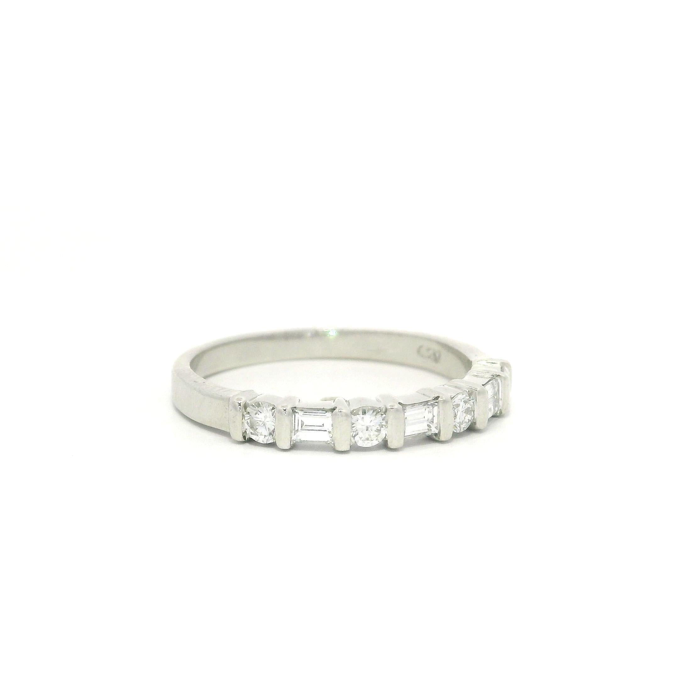 Platinum 0.50ctw Bar Set Alternating Round & Baguette Diamond Band Ring For Sale 3