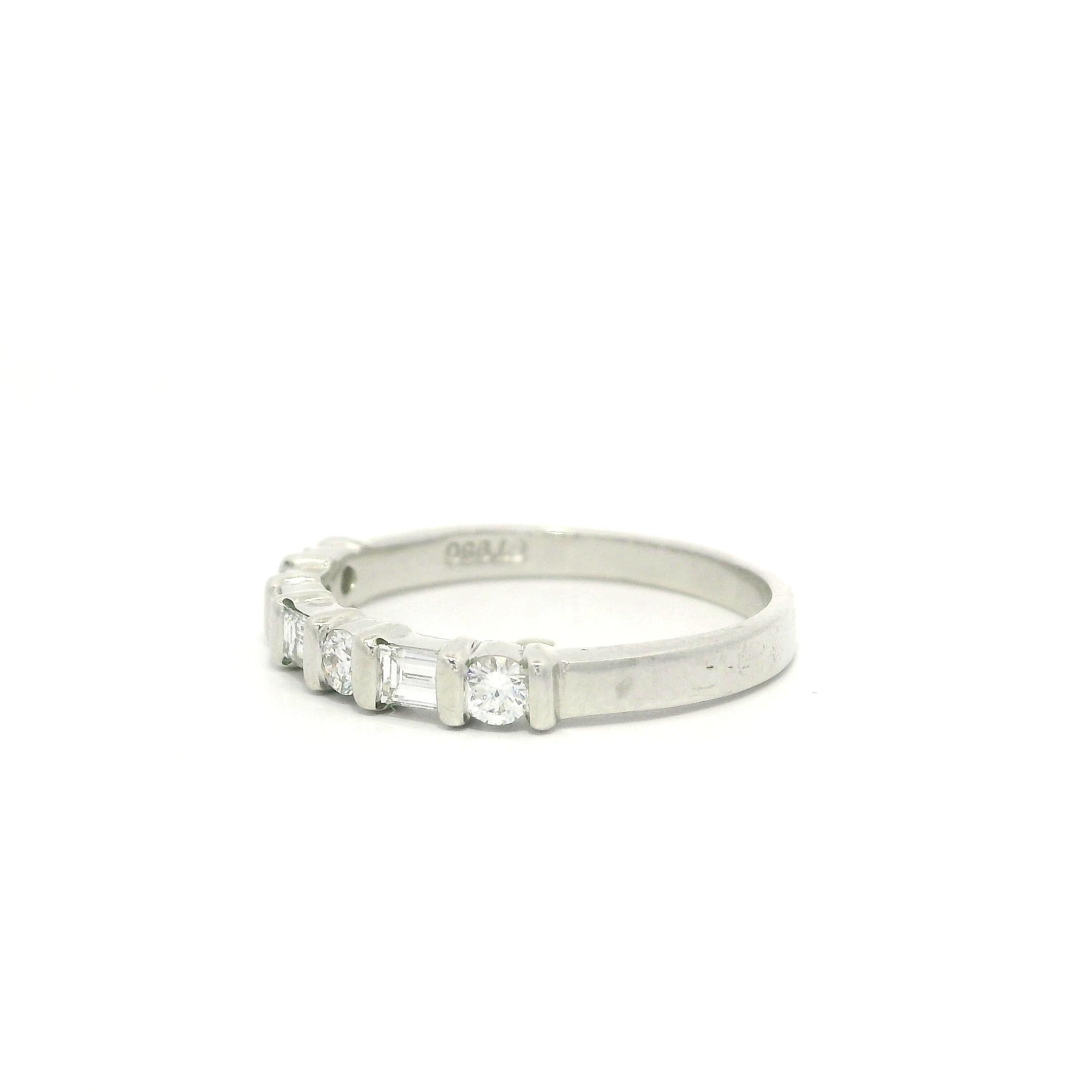 Platinum 0.50ctw Bar Set Alternating Round & Baguette Diamond Band Ring For Sale 4
