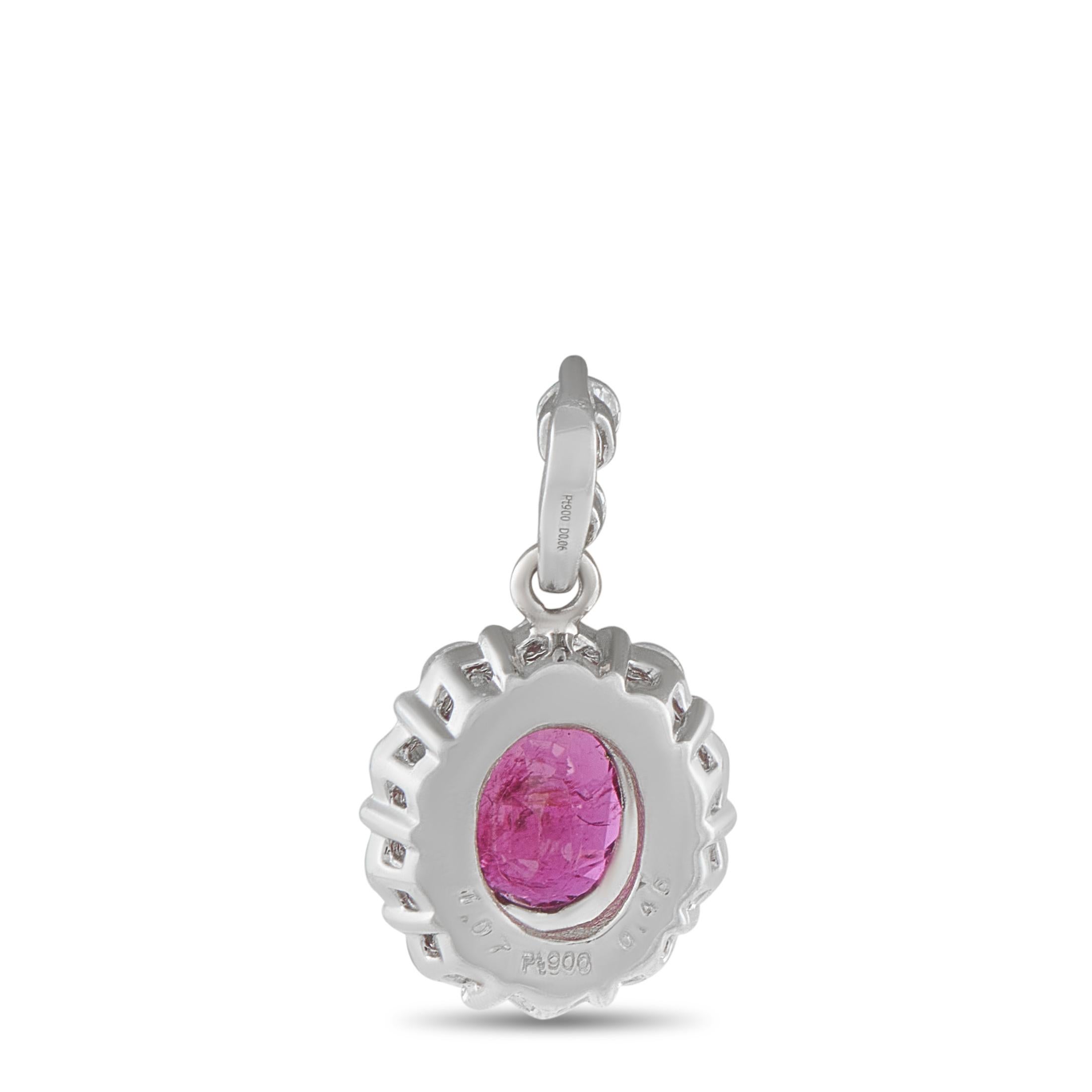 Create a perfectly customized piece of jewelry by adding this luxury pendant to any chain. A radiant 1.07 carat Ruby gemstone is surrounded by Diamonds totaling 0.52 carats on this classically elegant accessory. Set in Platinum, it measures 0.63