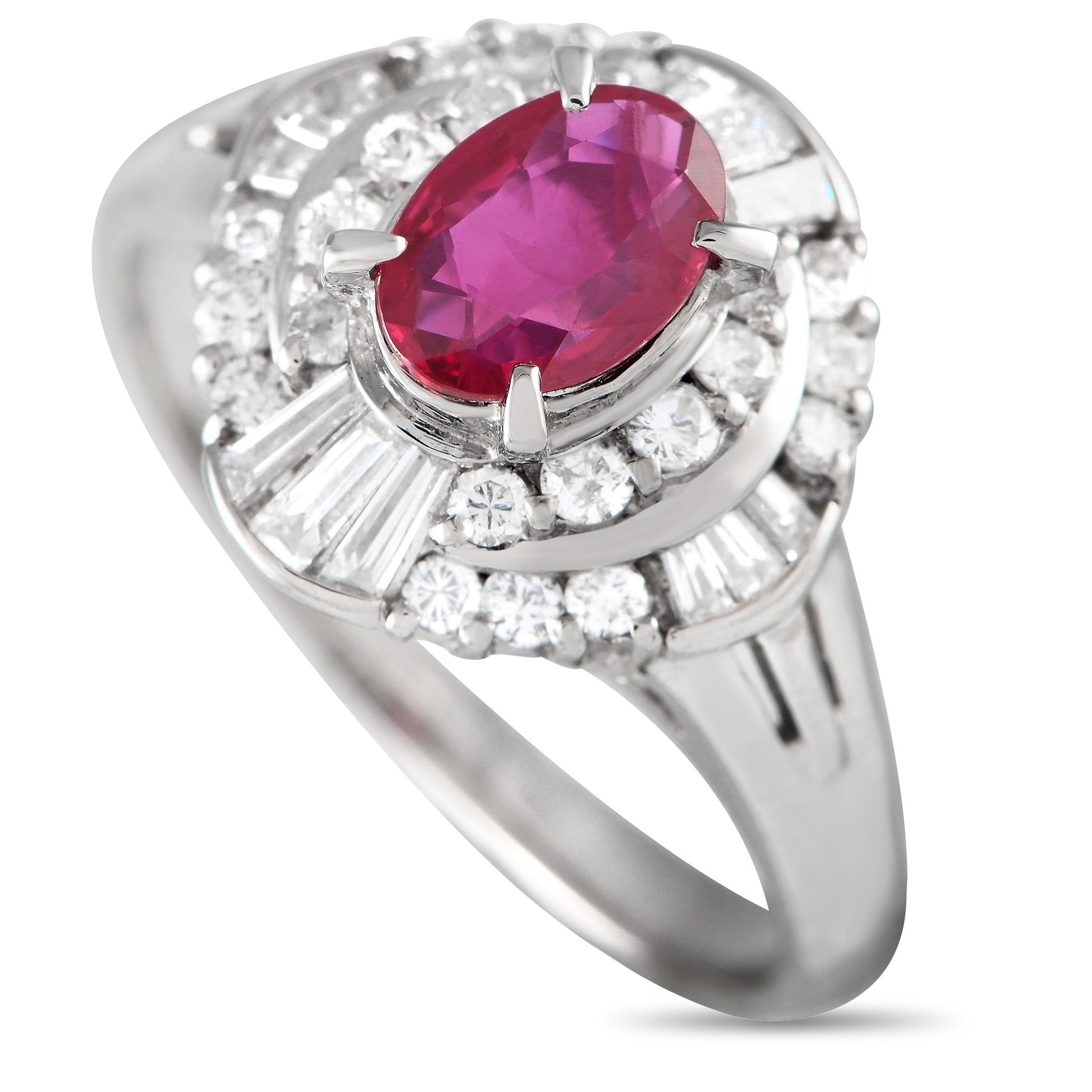Platinum 0.52ct Diamond and Ruby Stepped Halo Ring In Excellent Condition For Sale In Southampton, PA