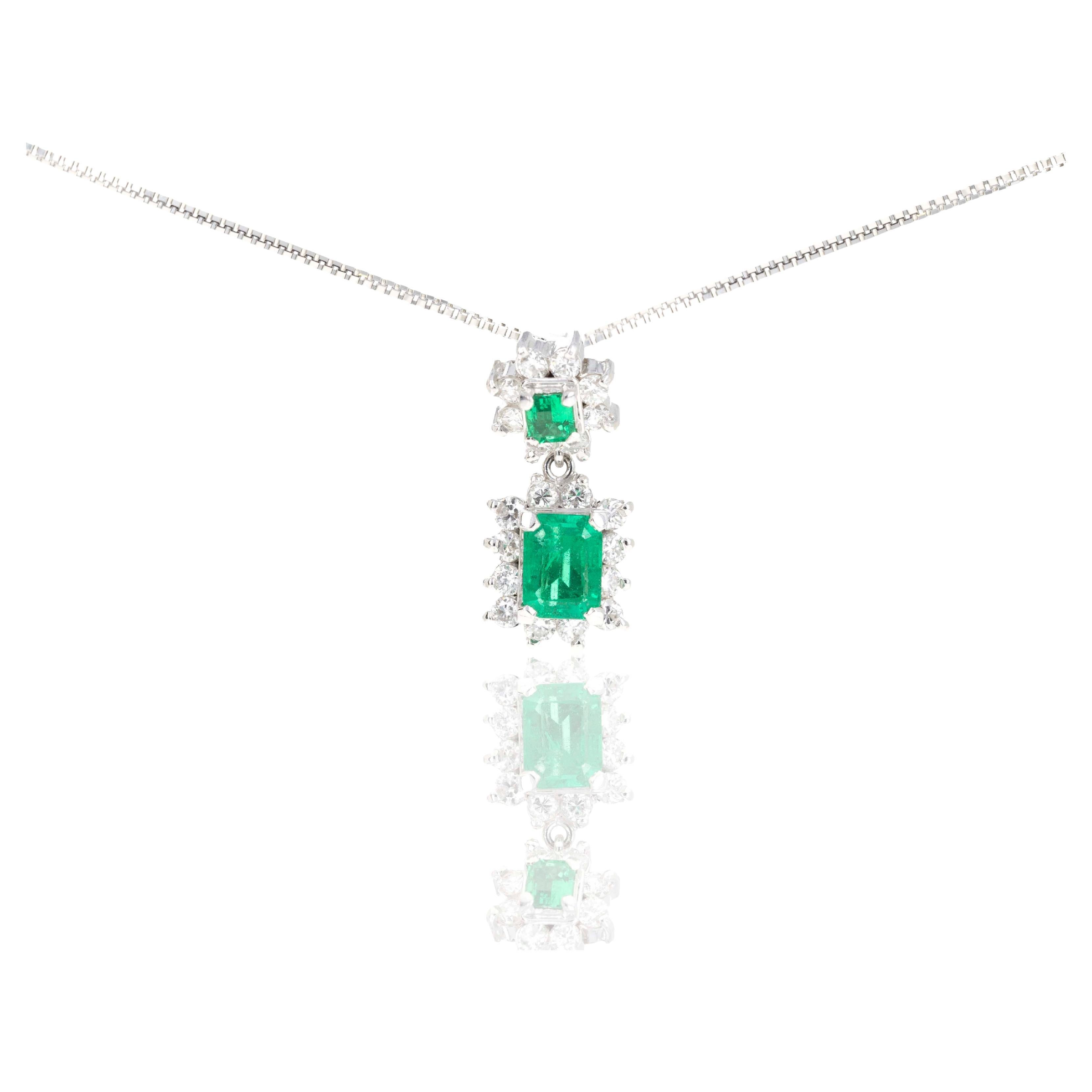 Platinum 0.55 Carat Emerald Diamond Halo Drop Pendant Necklace