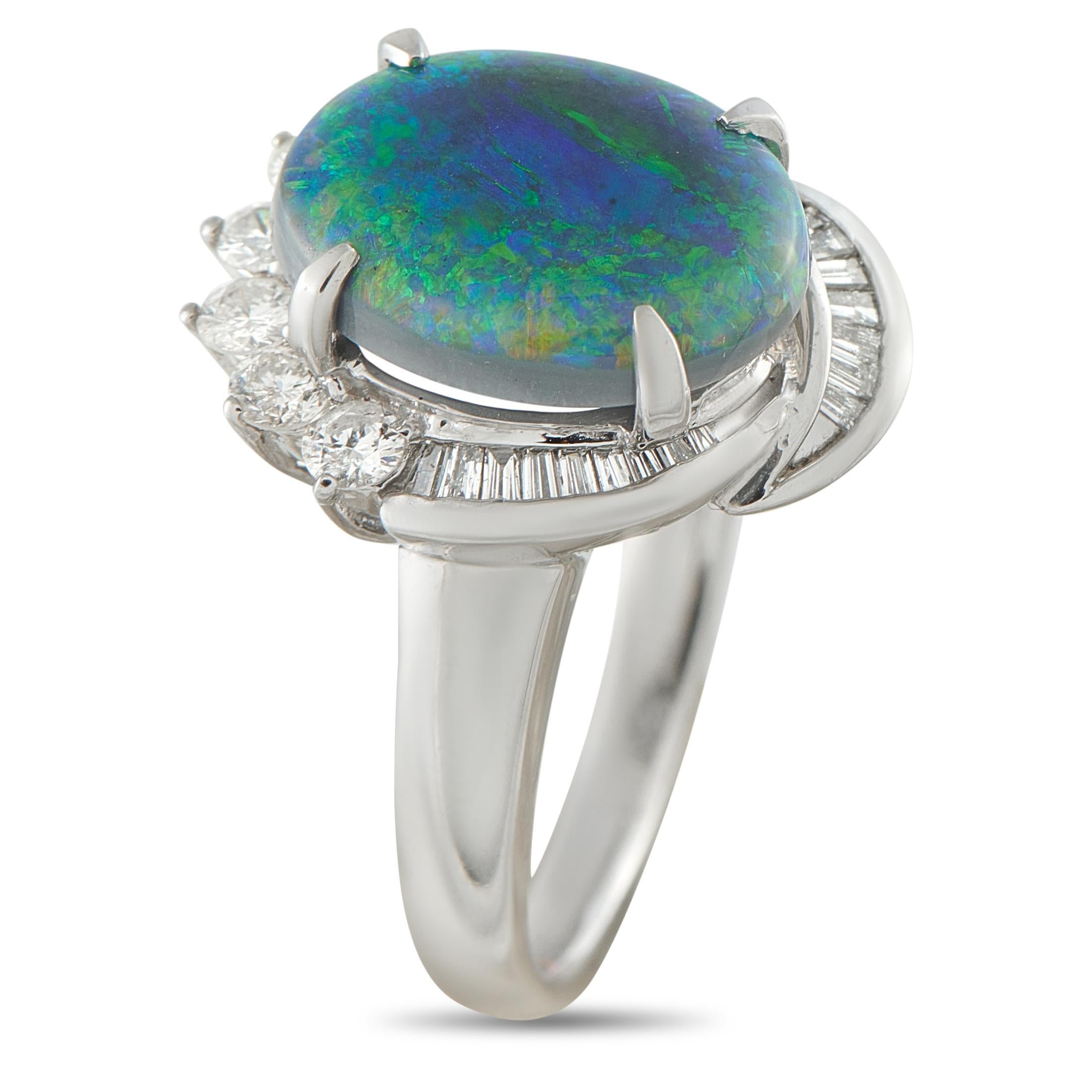 This radiant ring is simply unforgettable. The 3.66 carat Black Opal center stone emits vibrant flashes of blue, green, and orange every time it catches the light. Sparkling Diamonds totaling 0.57 carats add a touch of traditional sparkle to the