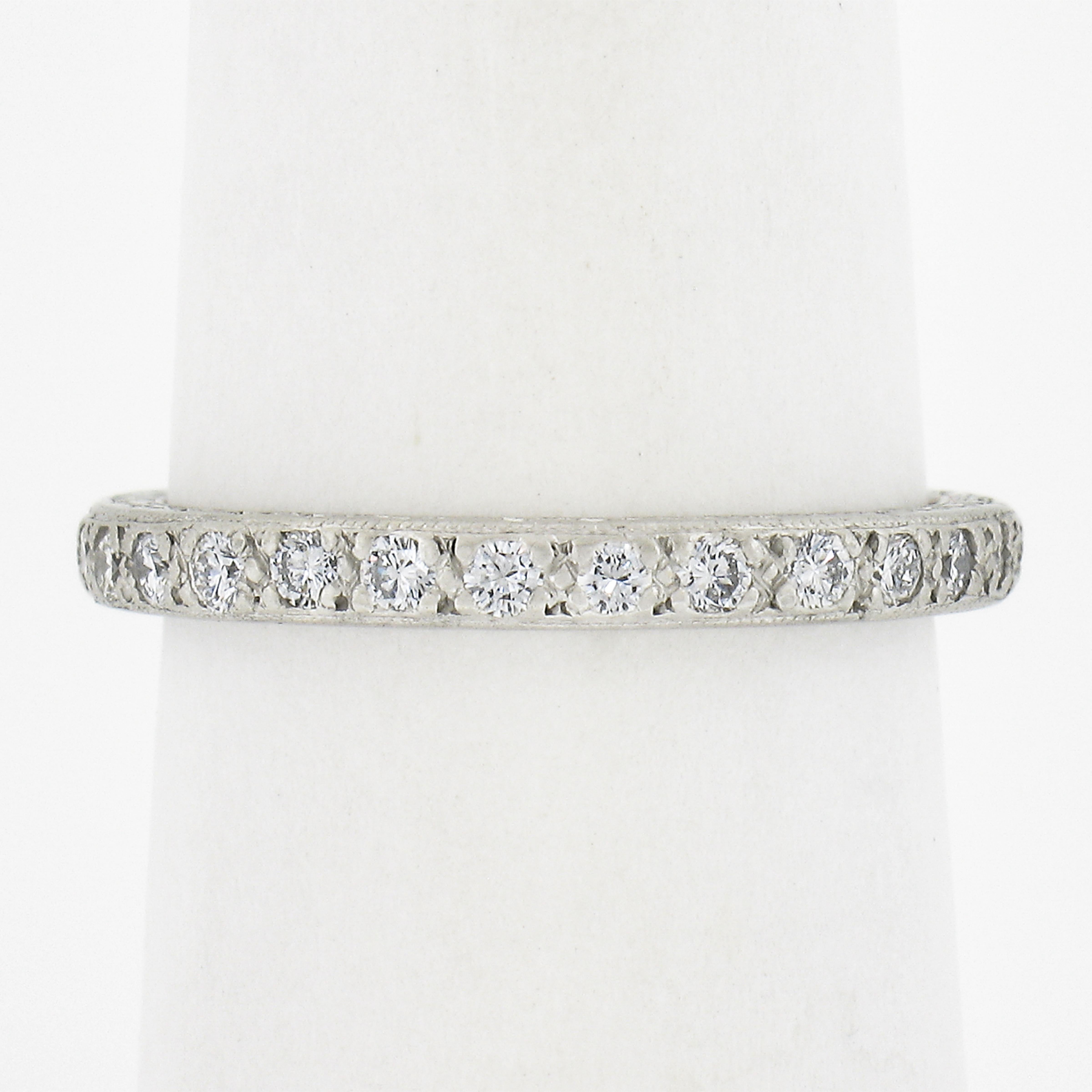 Platinum 0.60ctw Milgrain Pave Diamond Engraved Sides Eternity Stack Band Ring In Excellent Condition For Sale In Montclair, NJ