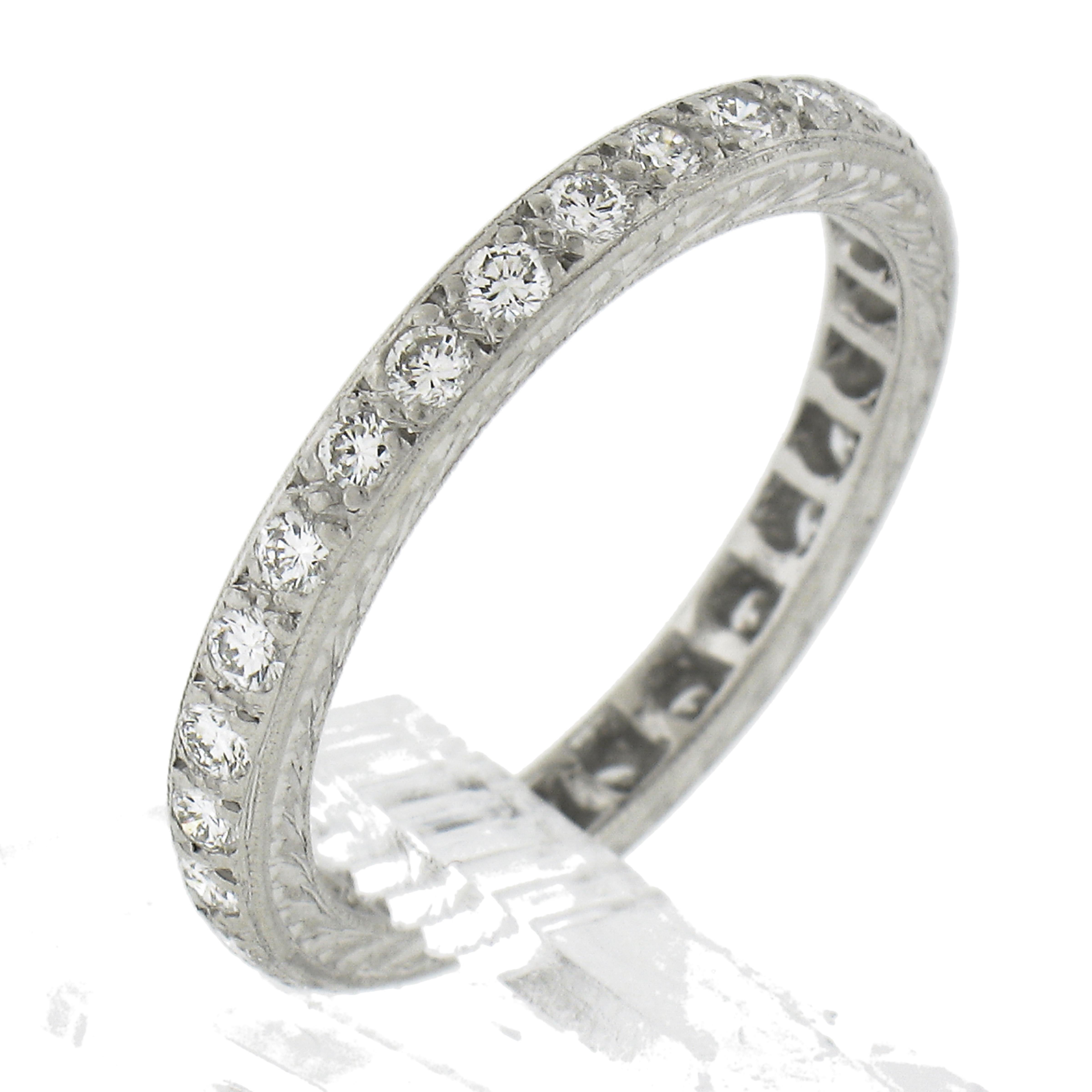 Platinum 0.60ctw Milgrain Pave Diamond Engraved Sides Eternity Stack Band Ring For Sale 4