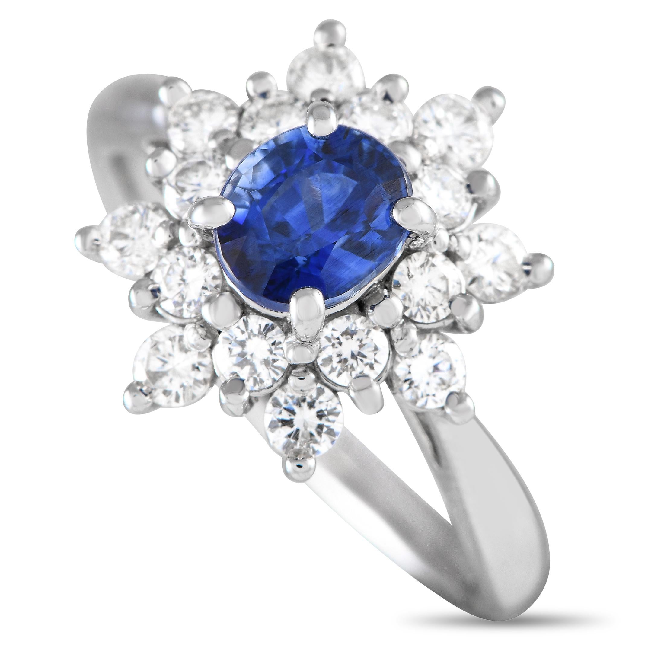 Platinum 0.67ct Diamond and Blue Sapphire Starburst Ring In Excellent Condition For Sale In Southampton, PA