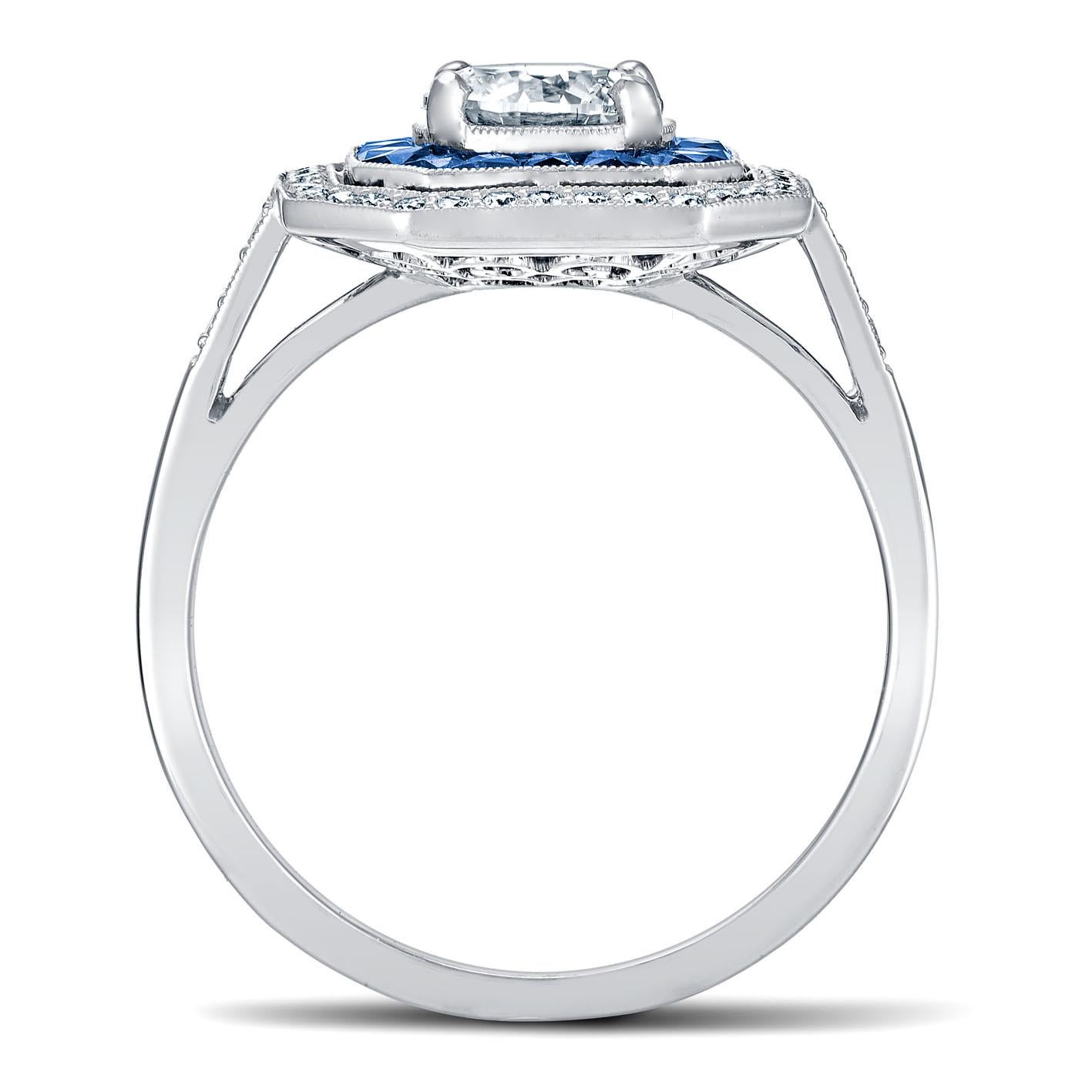 For Sale:  Art Deco Style Platinum Calibre Cut Sapphire Ring With 0.70 Carat Diamond GIA 2