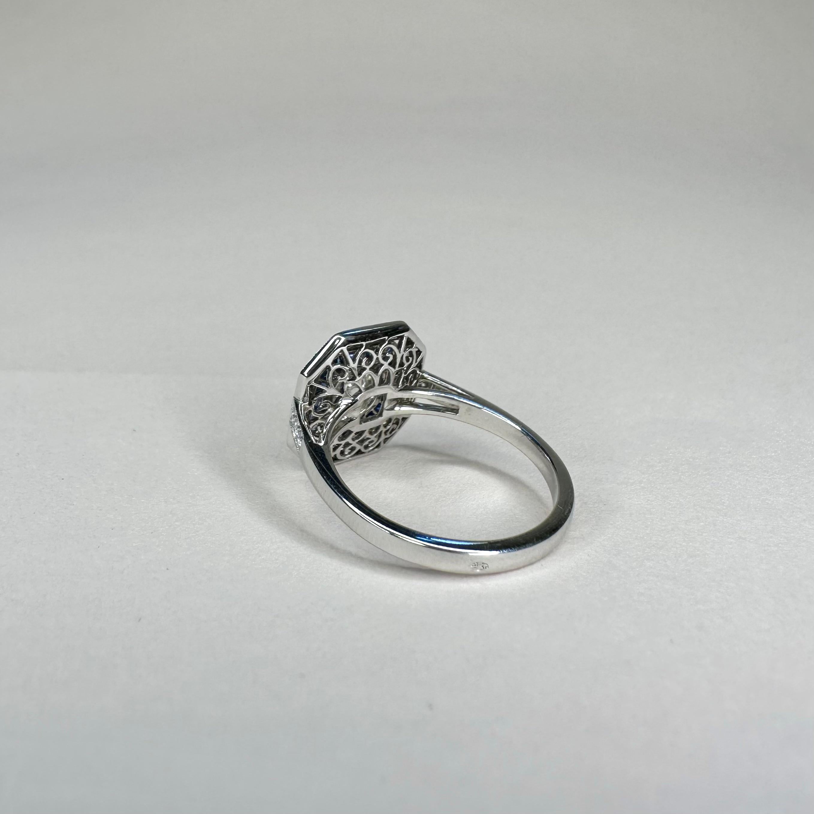 For Sale:  Art Deco Style Platinum Calibre Cut Sapphire Ring With 0.70 Carat Diamond GIA 6