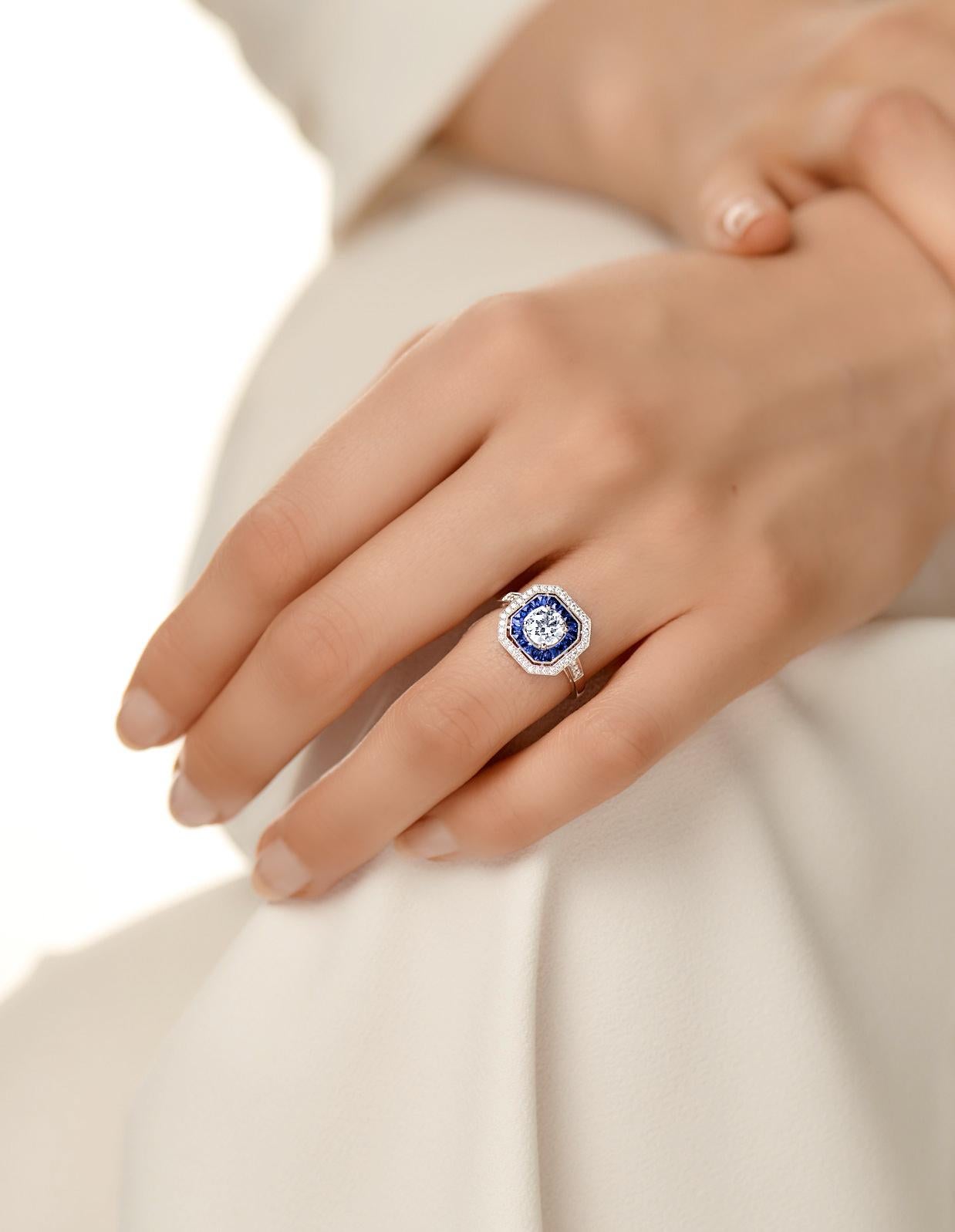 For Sale:  Art Deco Style Platinum Calibre Cut Sapphire Ring With 0.70 Carat Diamond GIA 7