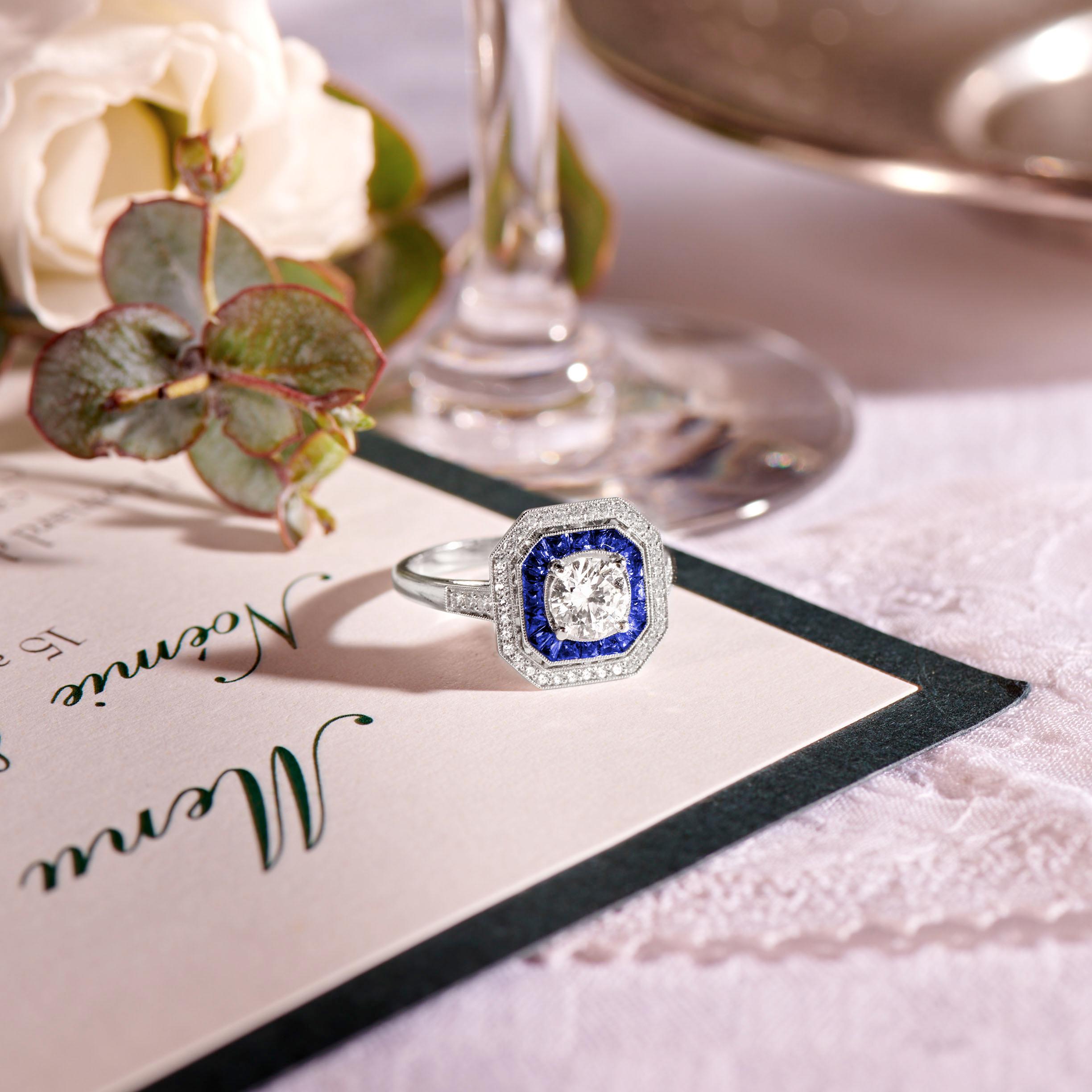 For Sale:  Art Deco Style Platinum Calibre Cut Sapphire Ring With 0.70 Carat Diamond GIA 8