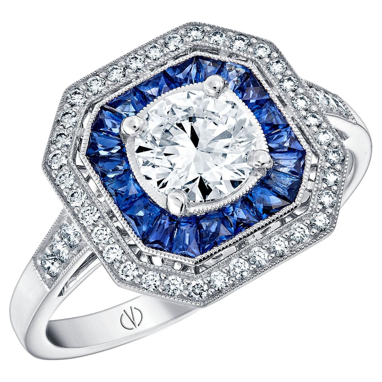 For Sale:  Art Deco Style Platinum Calibre Cut Sapphire Ring With 0.70 Carat Diamond GIA