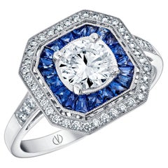 Art Deco Style Platinum Calibre Cut Sapphire Ring With 0.70 Carat Diamond GIA