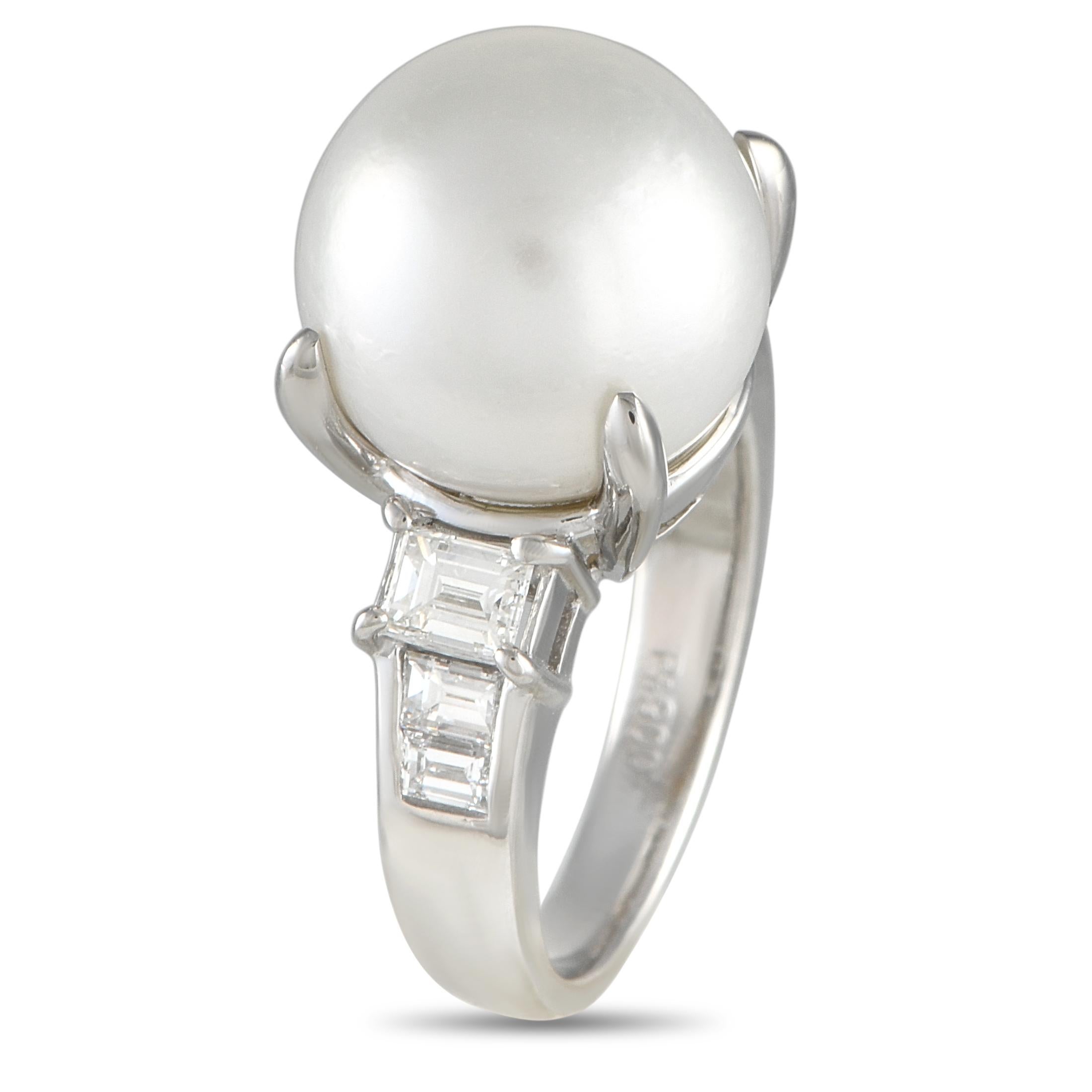 This ring is poised to instantly elevate any ensemble. At the center of the sleek Platinum setting, a breathtaking Pearl serves a stunning alternative to a traditional colored gemstone. Diamond accents with a total weight of 0.71 carats add extra