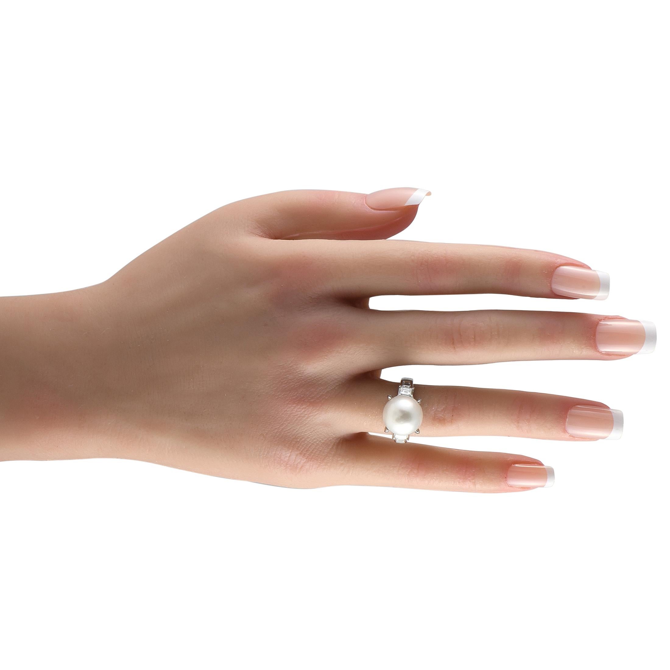 Baguette Cut Platinum 0.71ct Diamond and Pearl Ring For Sale