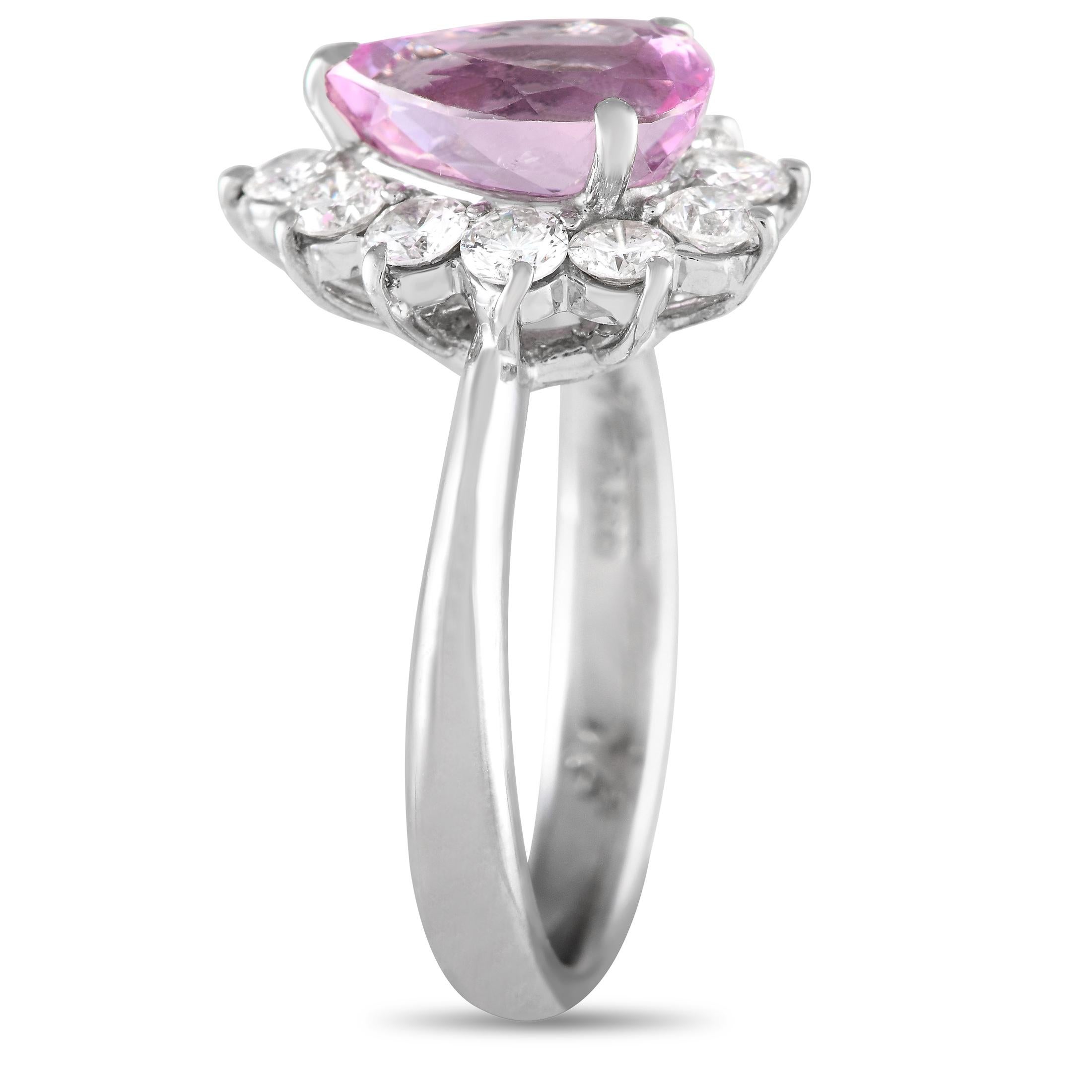 Ideal for everyday elegance, this platinum ring has the perfect amount of sparkle and color to spruce up your looks. It features a platinum band with an eye-catching 2.07 ct pear-cut pink zircon. The pink zircon's impressive fire is complemented by