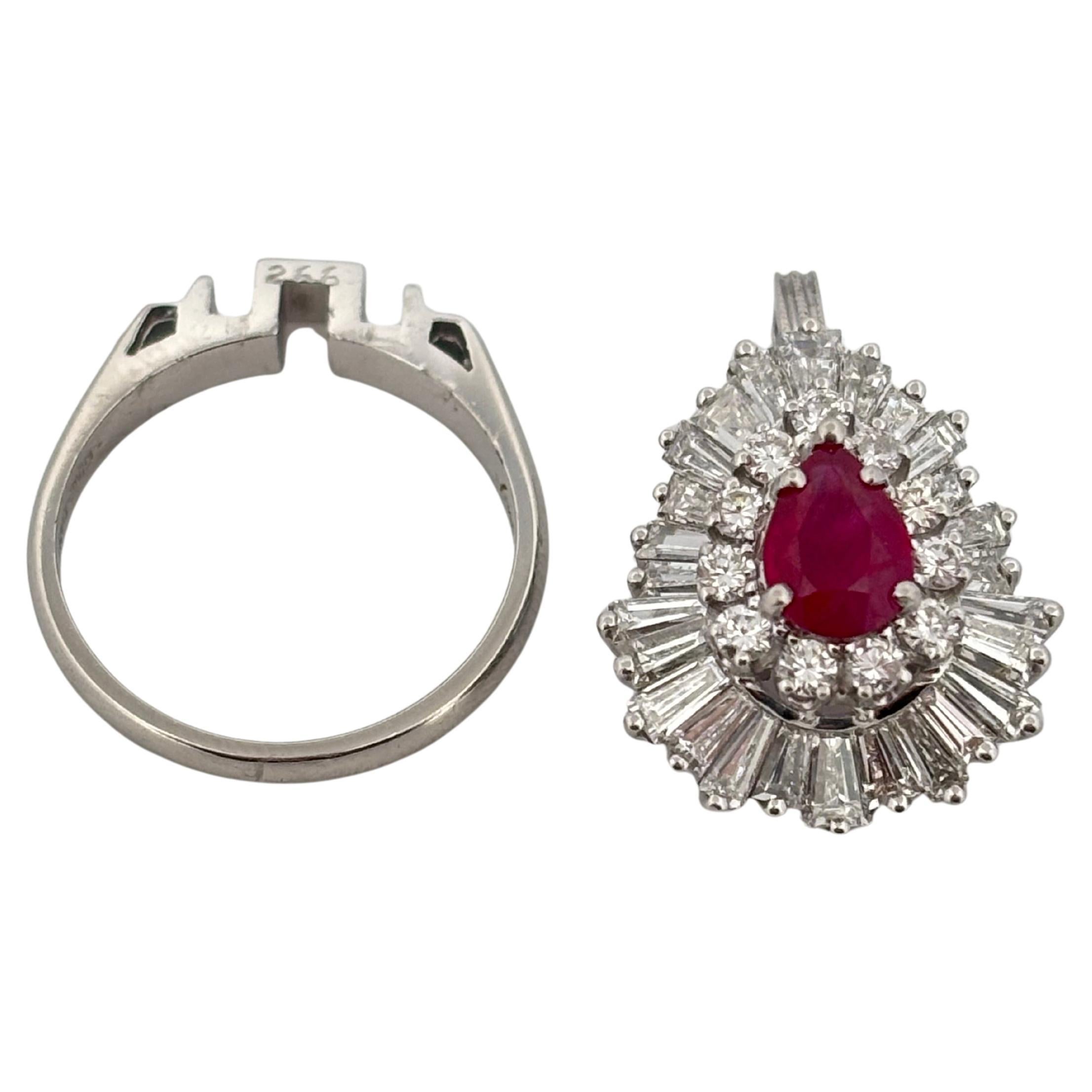 Pear Cut Platinum 0.75 Carat Ruby 3.00ctw H-I SI1-SI2 Diamond Ring Pendant Combo For Sale