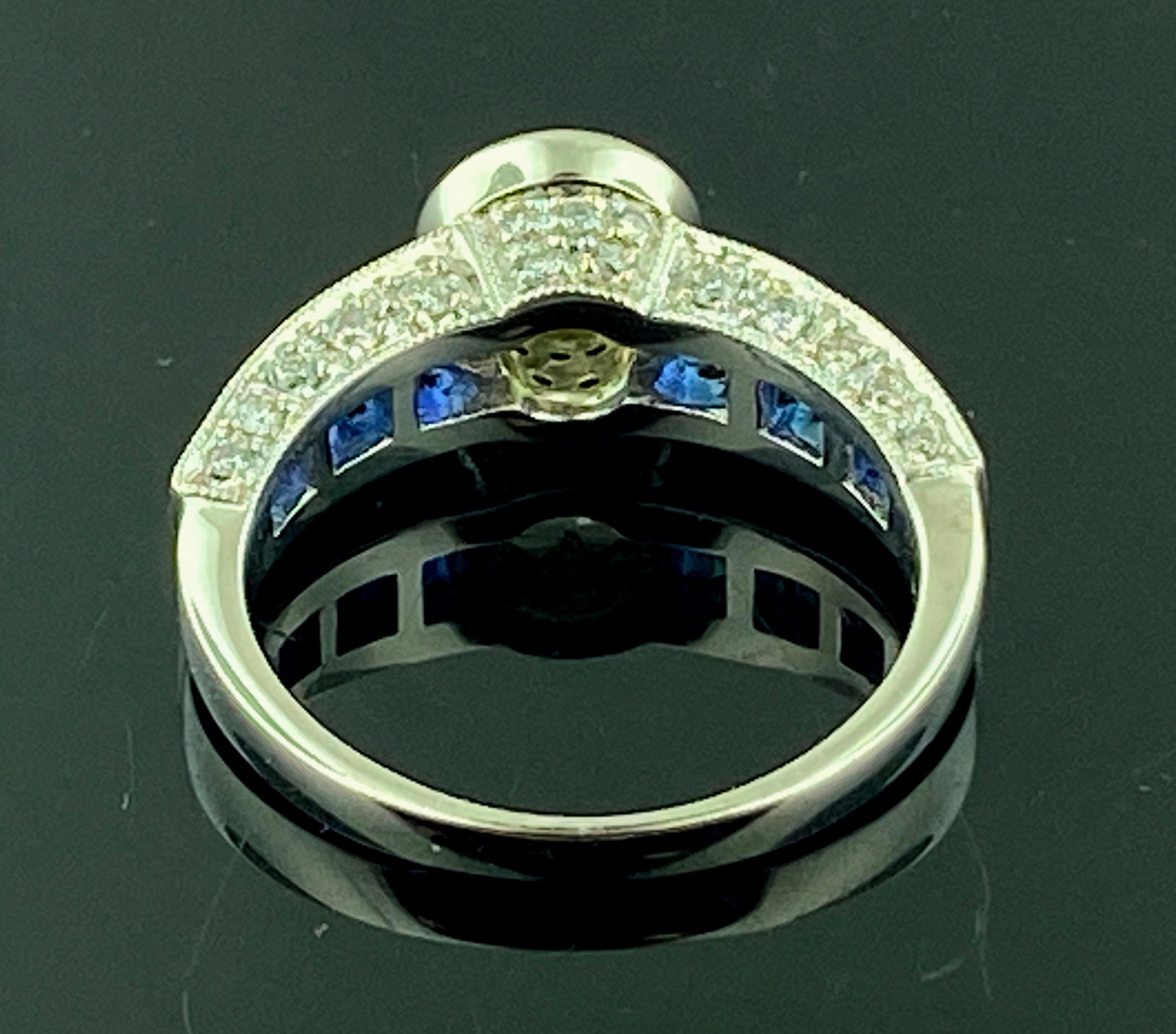 Women's or Men's Platinum 0.75 Ct Old European Cut Diamond and Blue Sapphire Ring For Sale