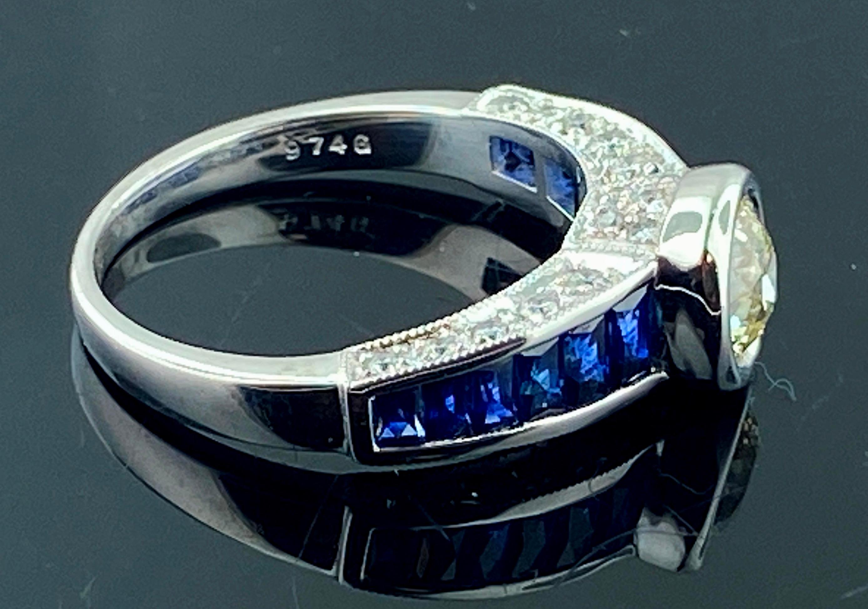 Platinum 0.75 Ct Old European Cut Diamond and Blue Sapphire Ring For Sale 1