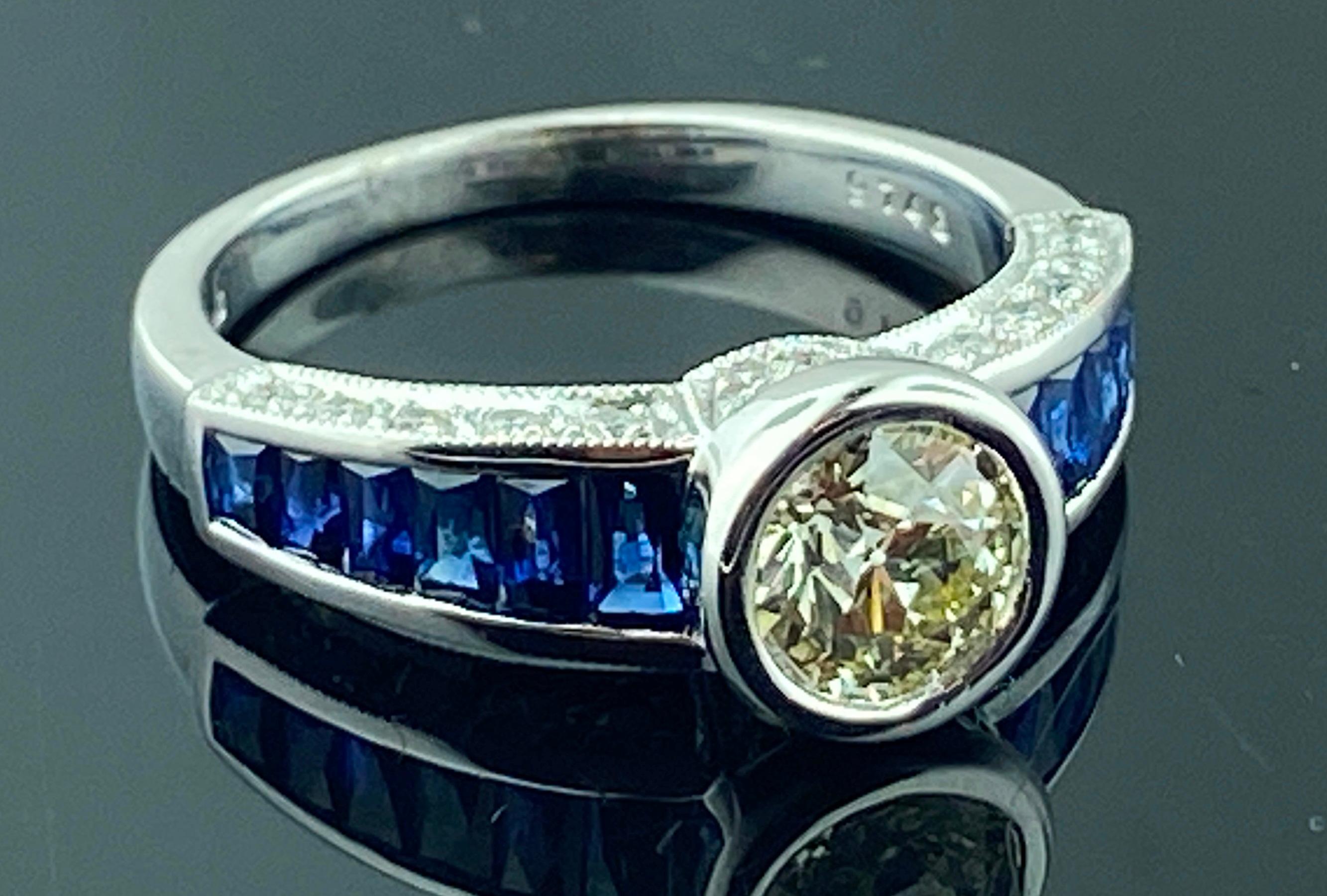 Platinum 0.75 Ct Old European Cut Diamond and Blue Sapphire Ring For Sale 2