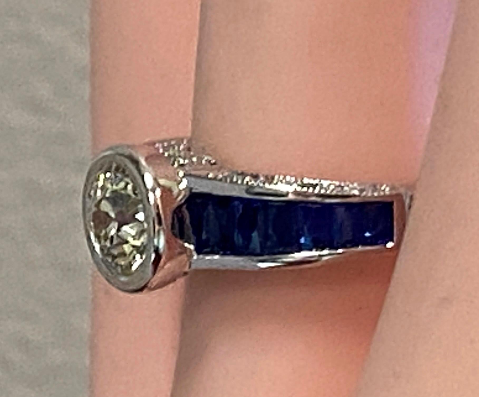 Platinum 0.75 Ct Old European Cut Diamond and Blue Sapphire Ring For Sale 4