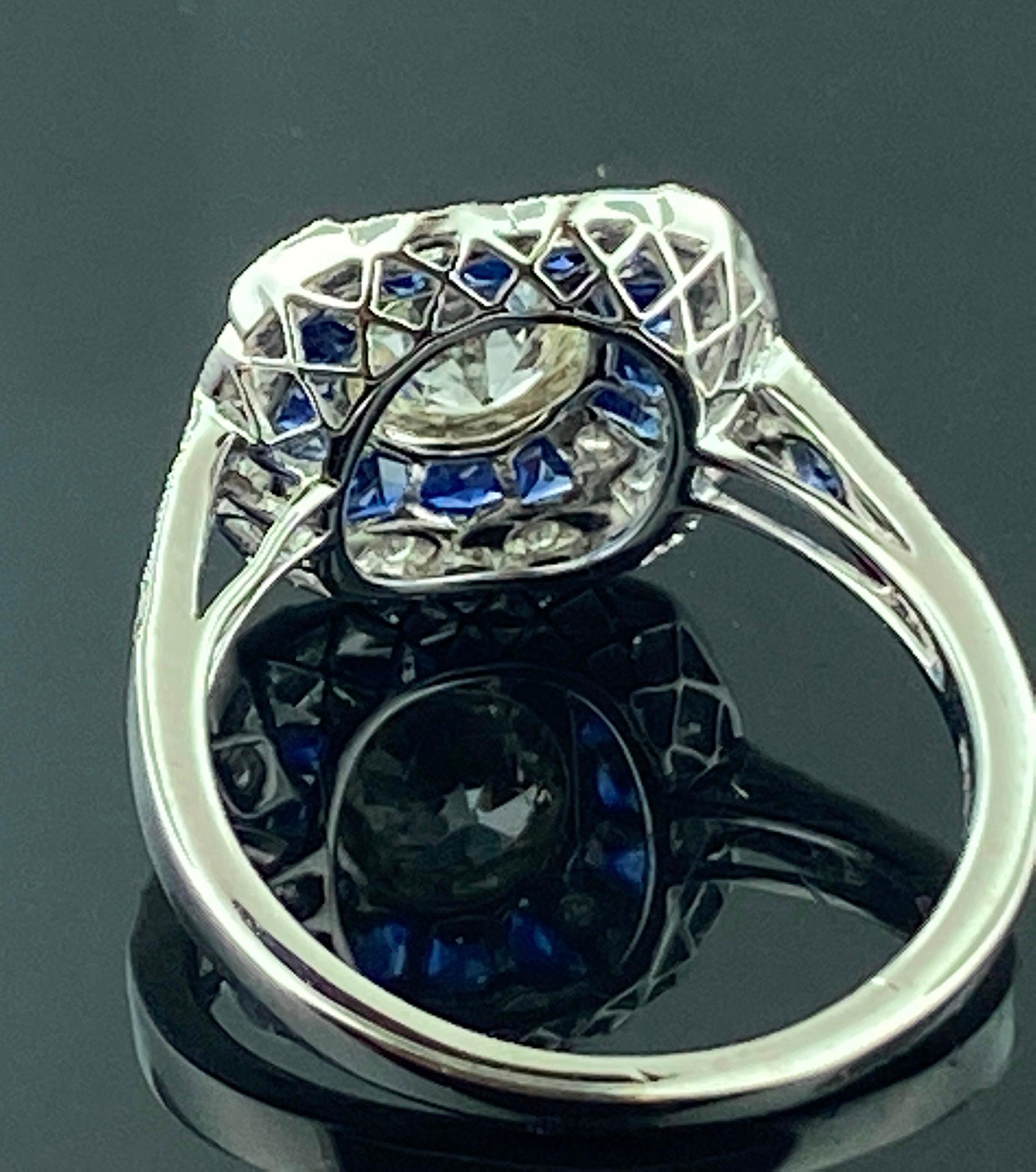 Platinum 0.75 Old European Cut Diamond and Blue Sapphire Ring In Excellent Condition For Sale In Palm Desert, CA