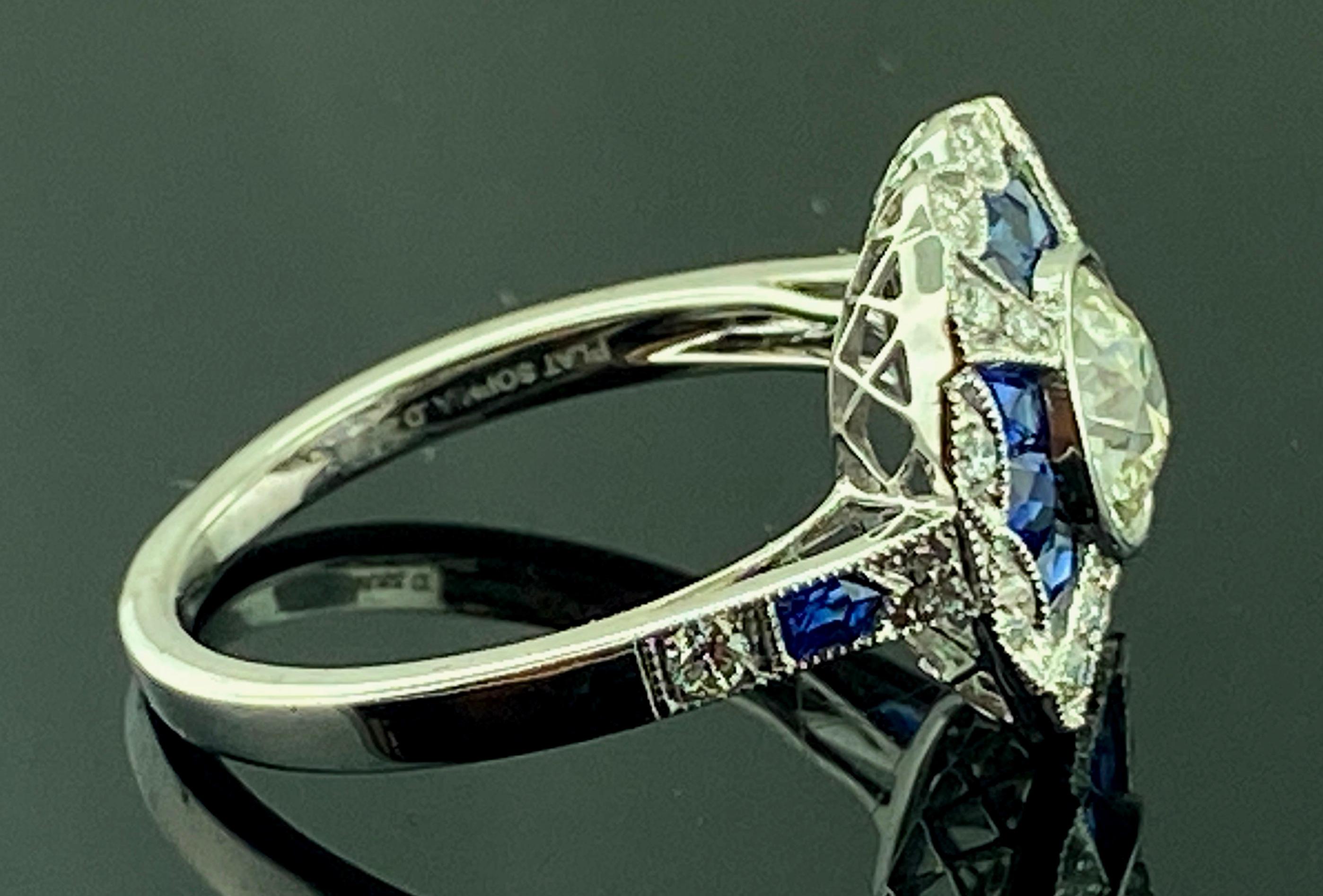 Women's or Men's Platinum 0.75 Old European Cut Diamond and Blue Sapphire Ring For Sale