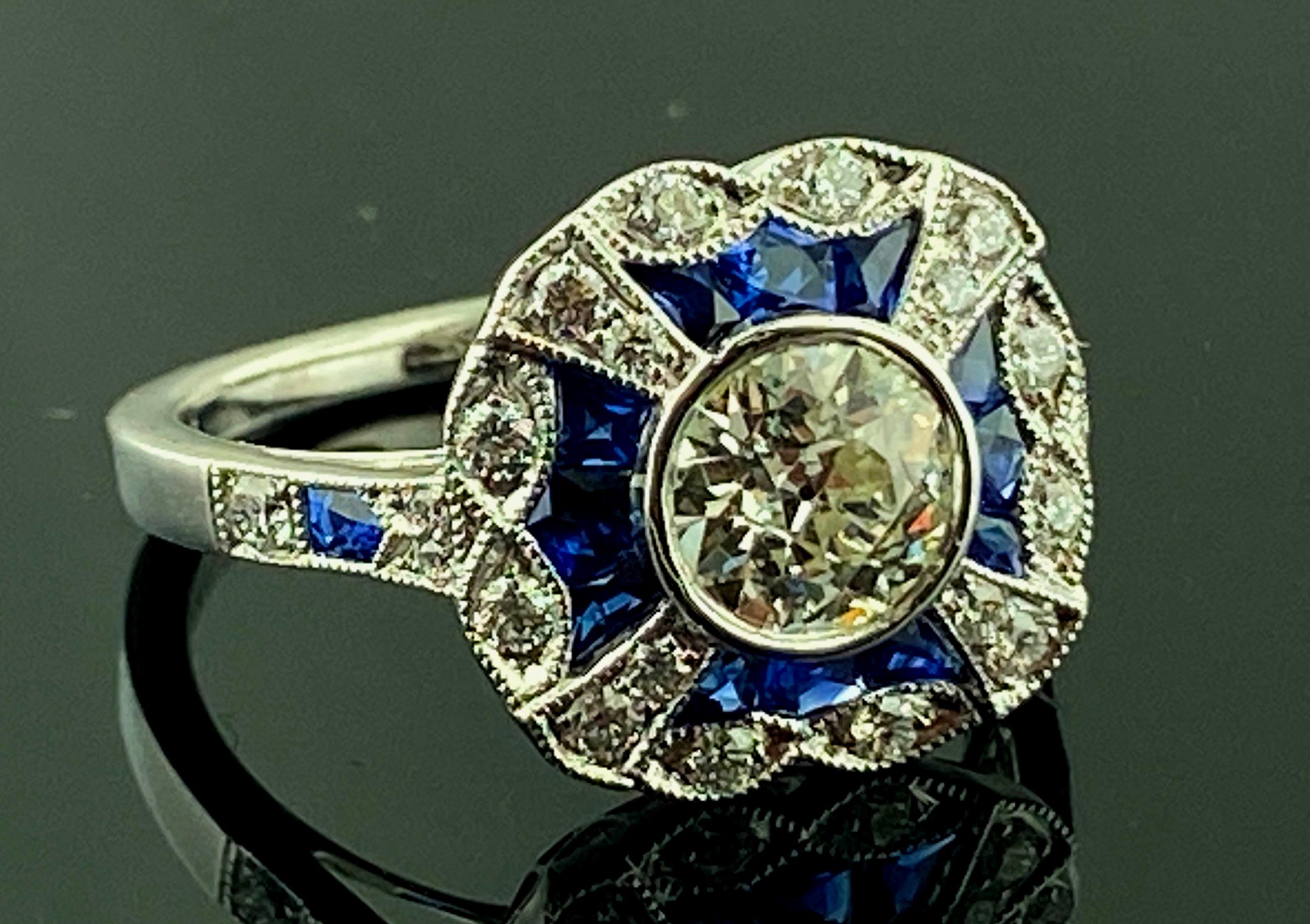 Platinum 0.75 Old European Cut Diamond and Blue Sapphire Ring For Sale 1