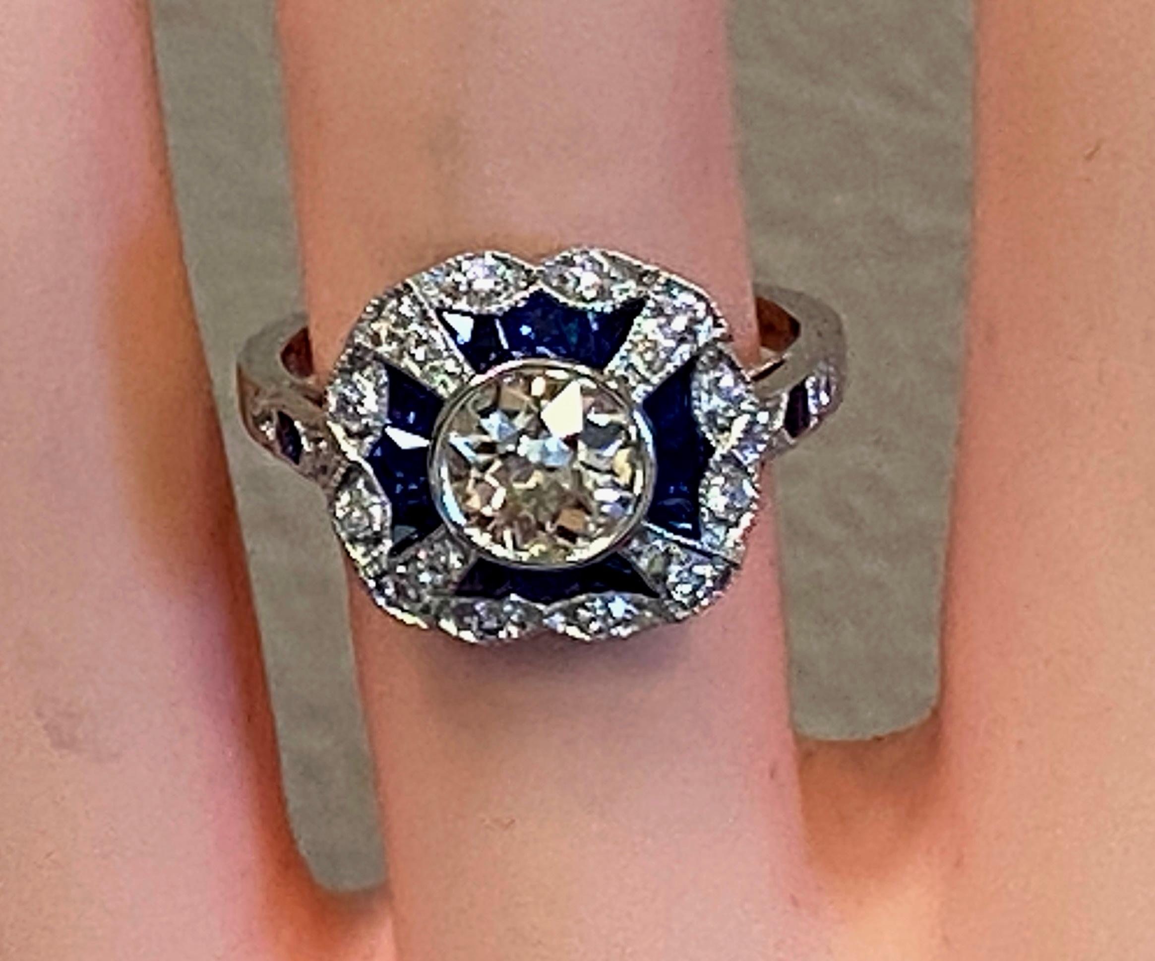 Platinum 0.75 Old European Cut Diamond and Blue Sapphire Ring For Sale 2