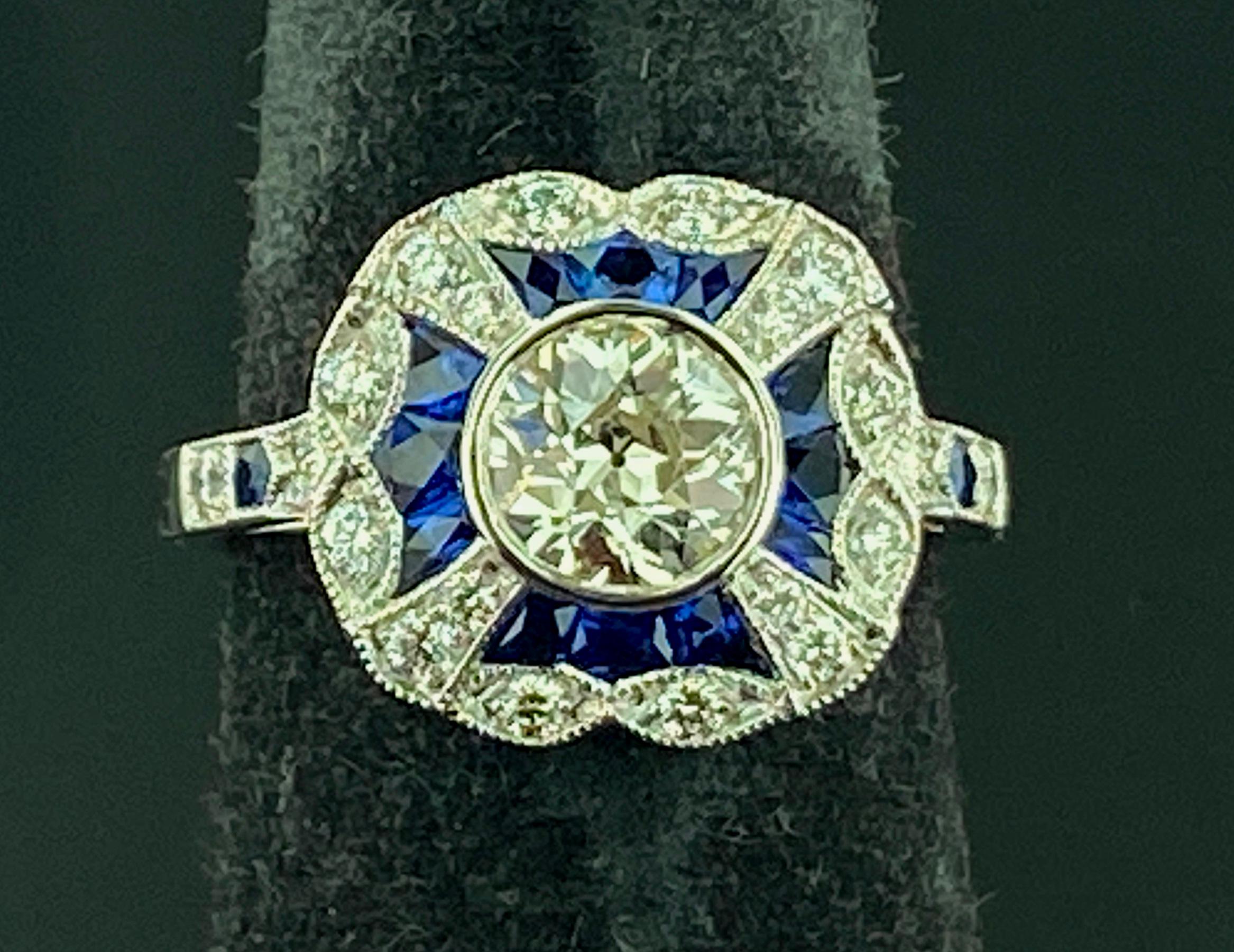 Platinum 0.75 Old European Cut Diamond and Blue Sapphire Ring For Sale 3