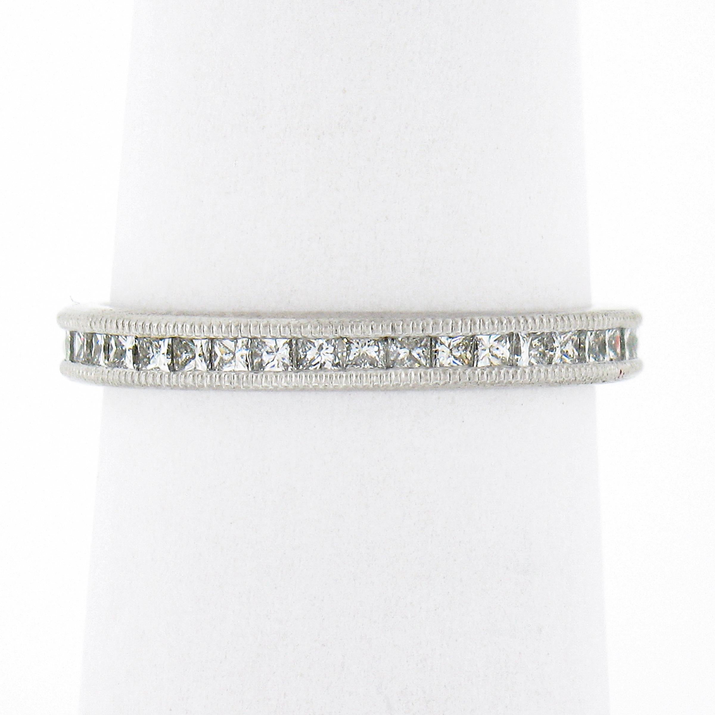 Women's Platinum 0.77ctw Channel Princess Diamond Milgrain Eternity Stackable Band Ring For Sale