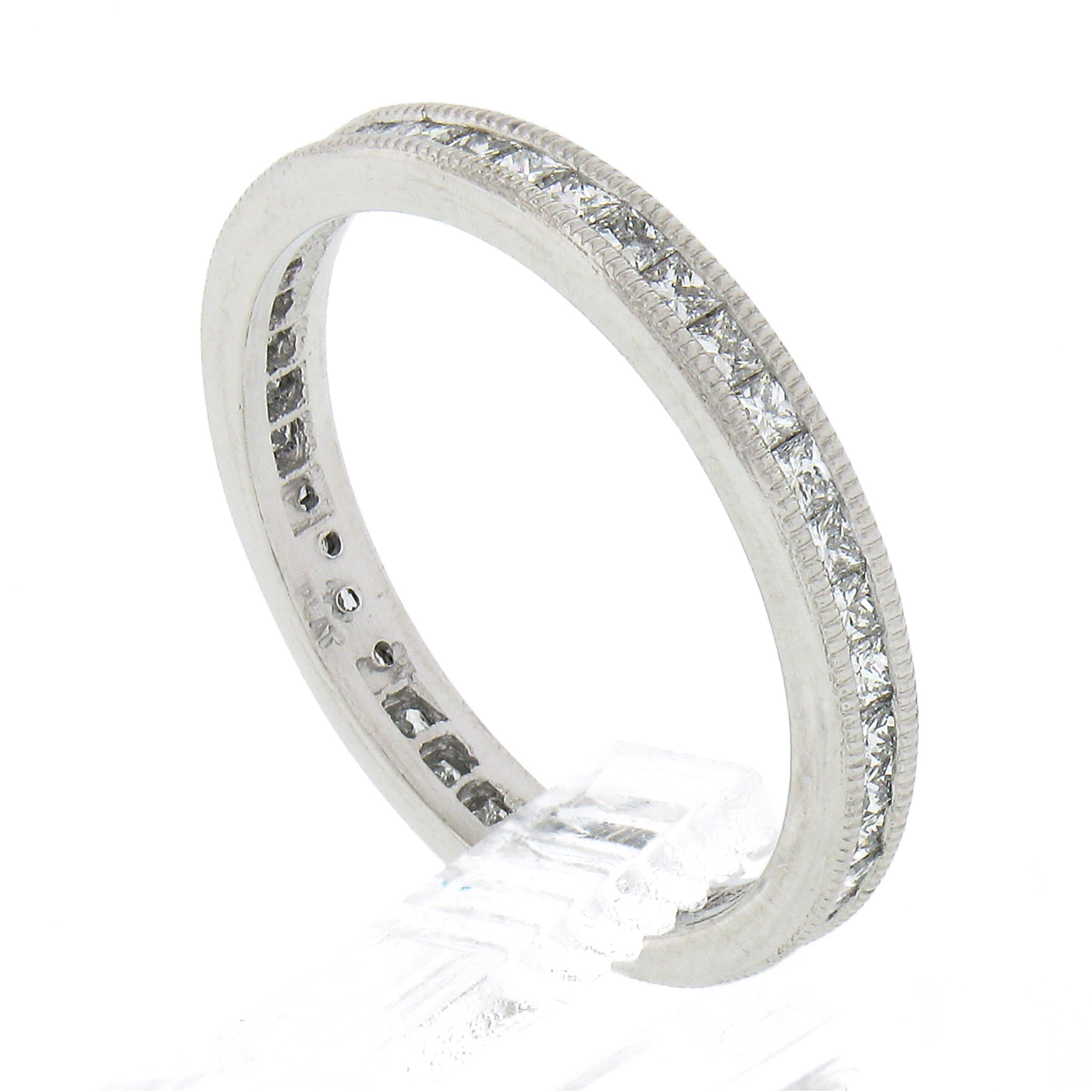 Platinum 0.77ctw Channel Princess Diamond Milgrain Eternity Stackable Band Ring For Sale 4