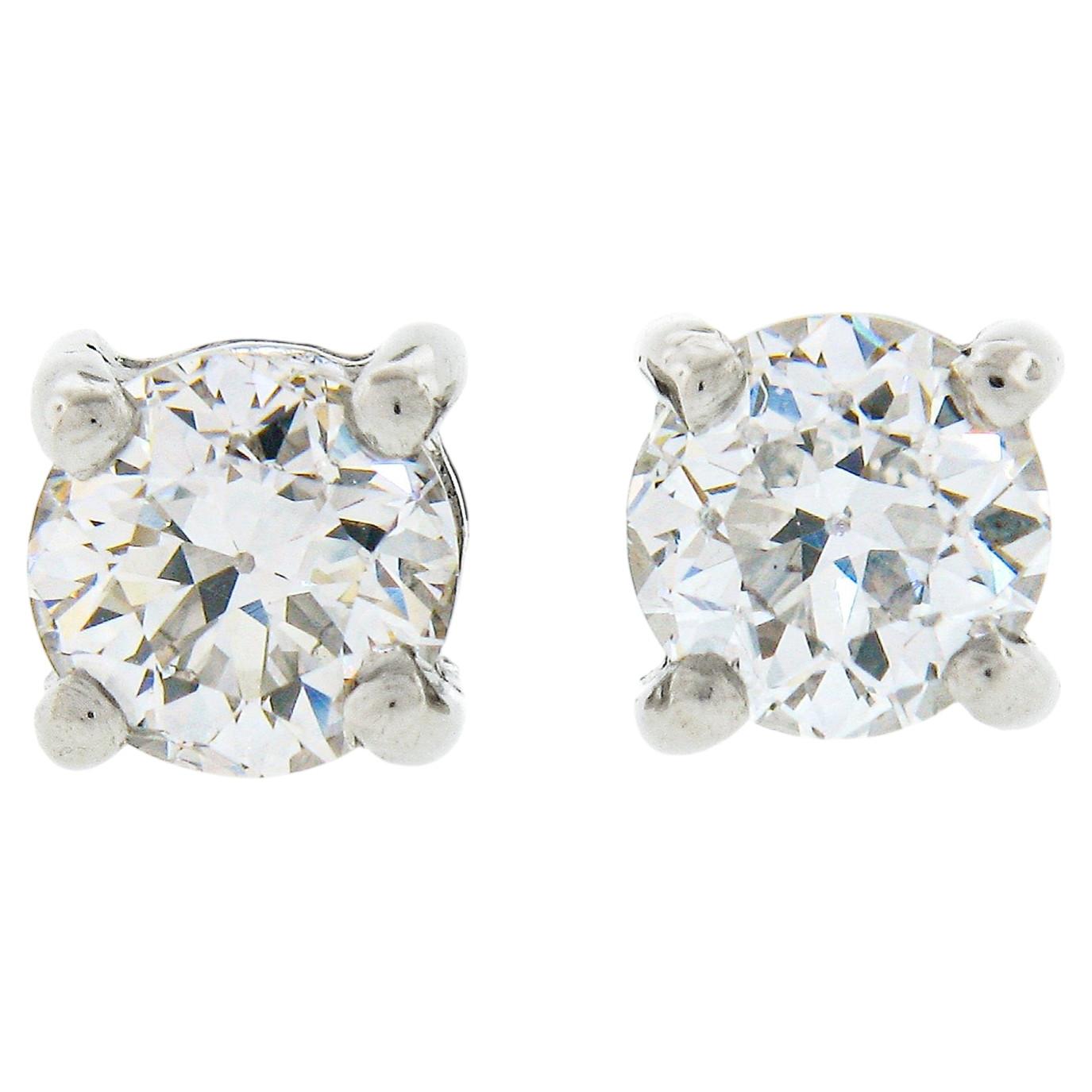 Platinum 0.77ctw Old European Cut Diamond 4 Prong Basket Classic Stud Earrings