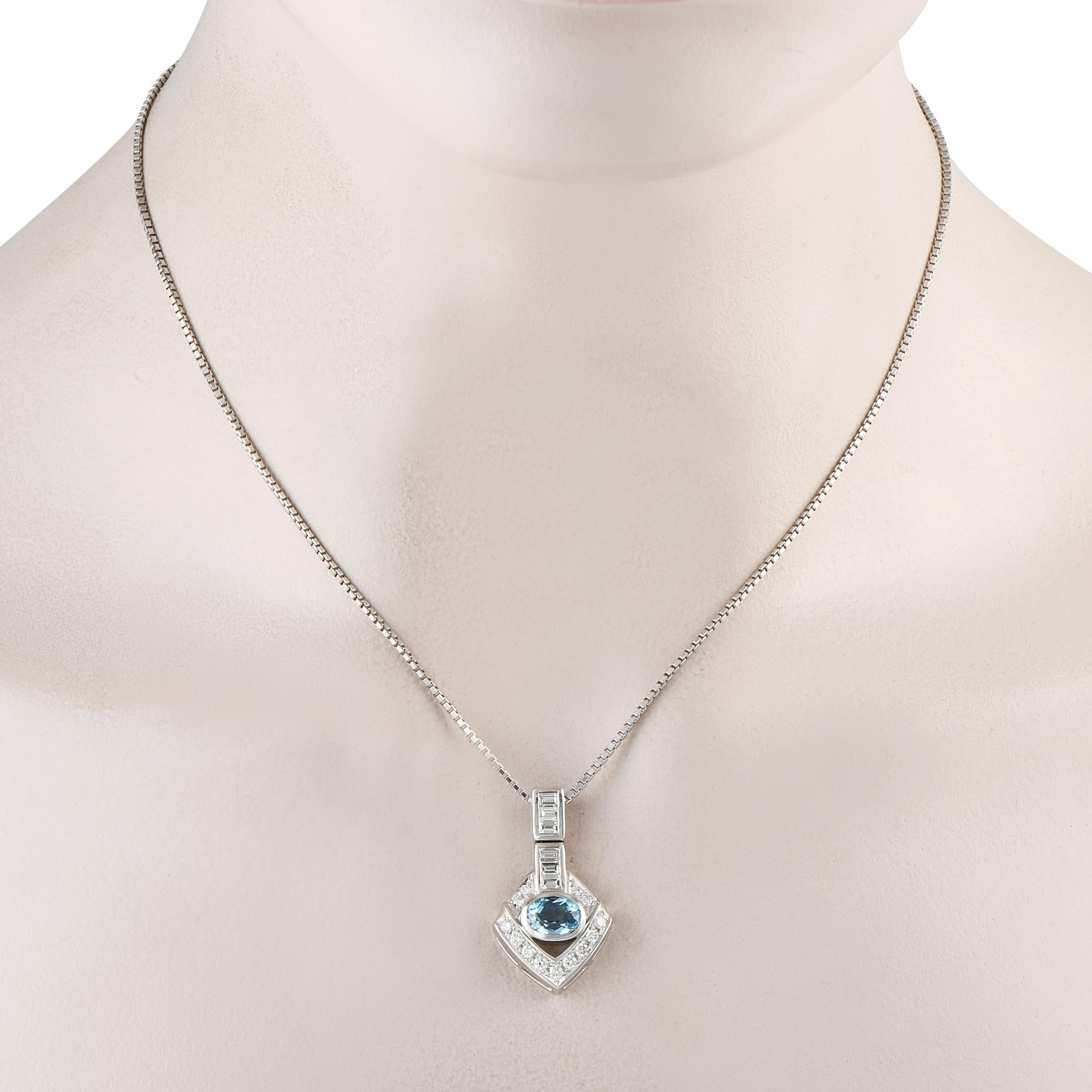 A simple yet luxurious Art Deco beauty. This necklace is forged in wear-resistant platinum. It features a box chain with a lobster clasp as a fastener. The pendant boasts a geometric profile composed of baguette diamonds in bezel setting, round