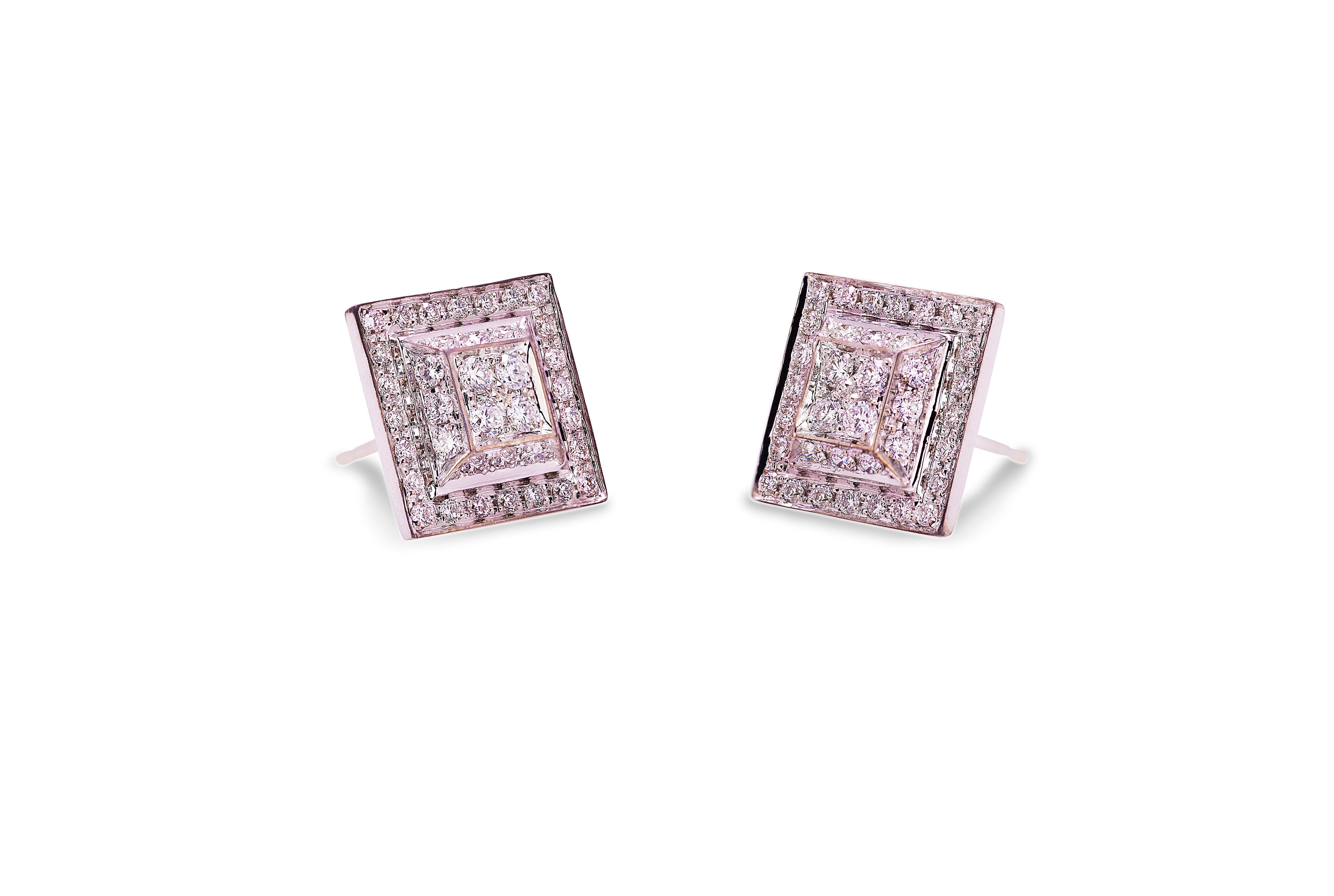 Art Deco Platinum 0.80 Carat G color VS1 White Diamonds Square Handcrafted Stud Earrings For Sale