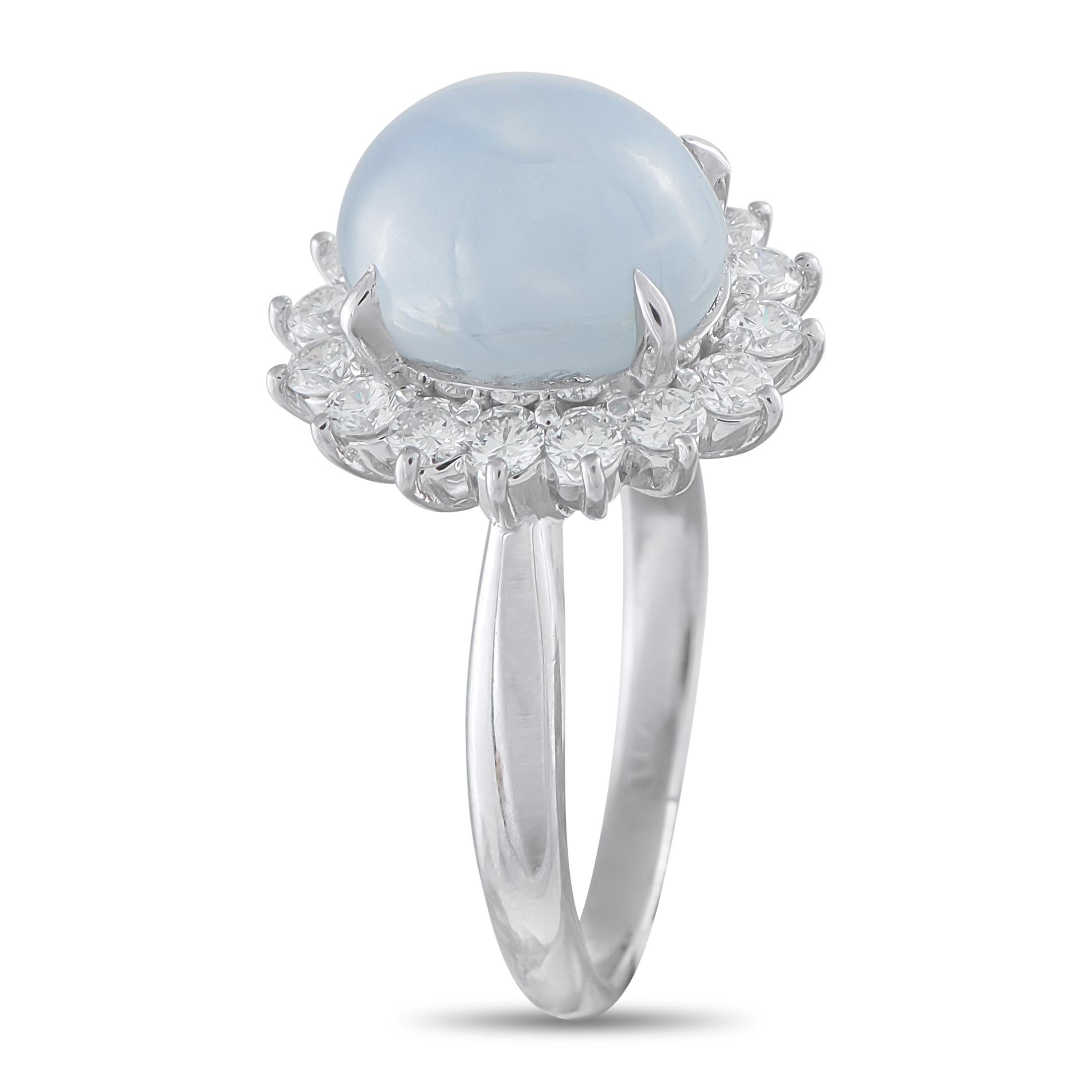 This ring captures the serene brilliance of the sky in wearable form. It showcases a 9.9-carat baby blue sapphire cabochon held by four claw prongs. Encircling it is a sunburst halo of 0.80 carat diamonds, reflecting light like sunlight scattering