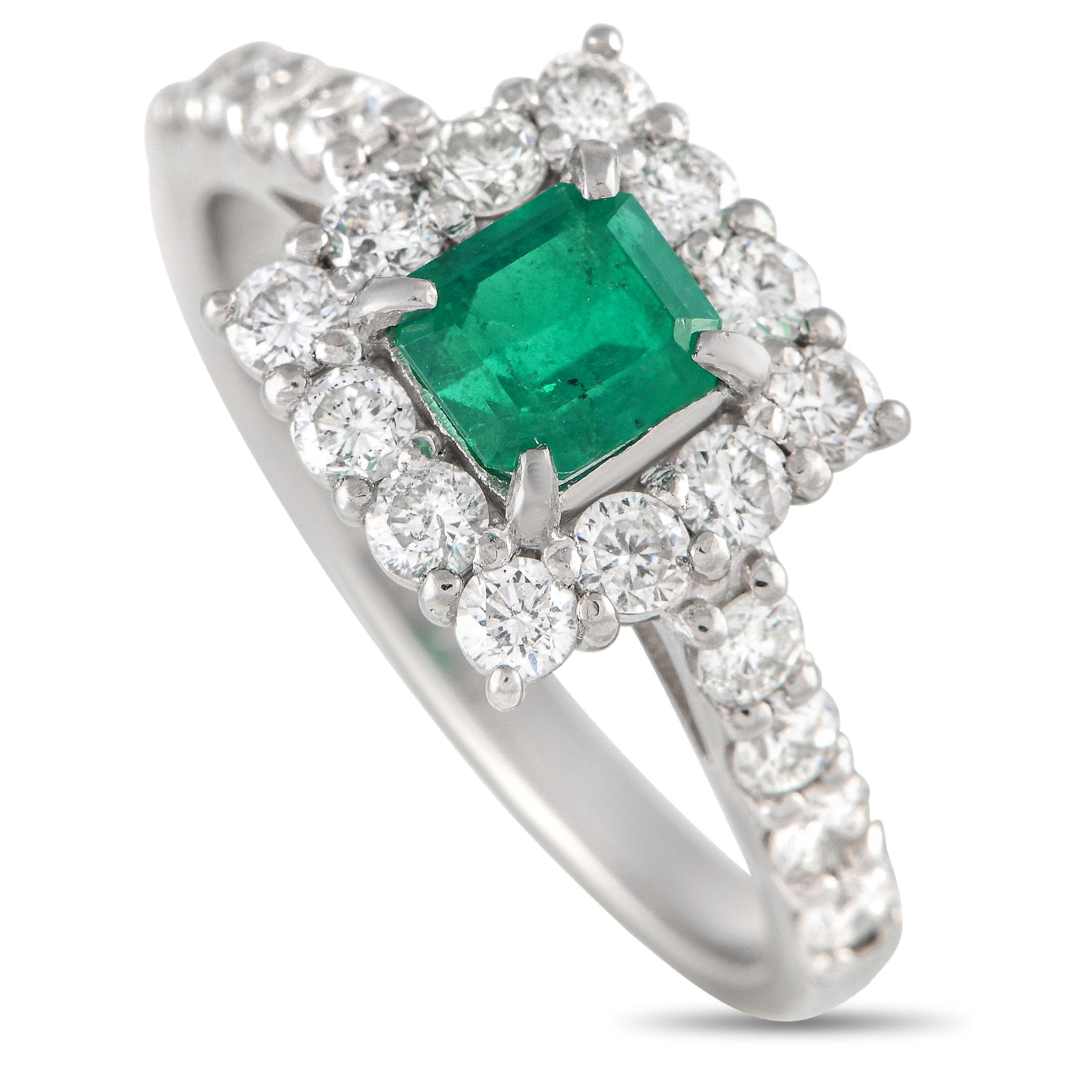 Platinum 0.82ct Diamond and Emerald Ring  In Excellent Condition For Sale In Southampton, PA